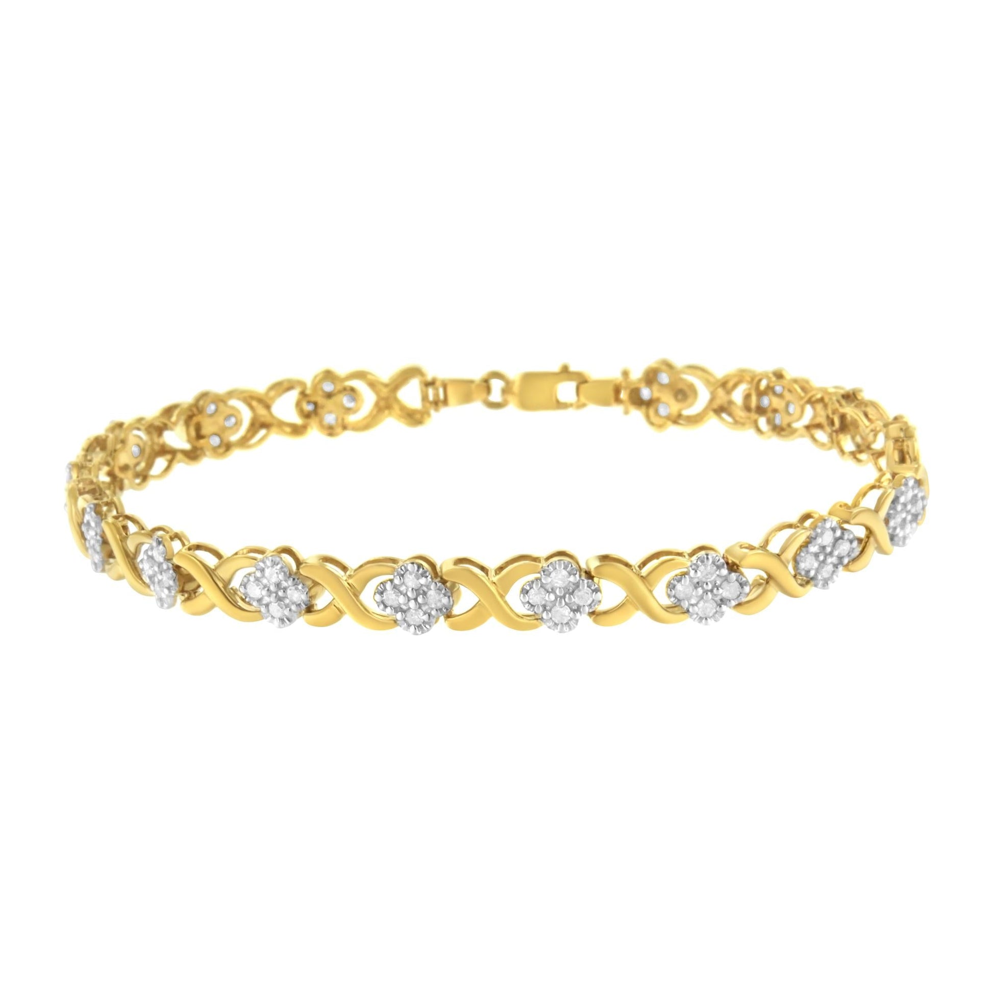 10K Yellow Gold over .925 Sterling Silver 1.0 Cttw Diamond Cluster X Link Tennis Link Bracelet (H-I Color, I3 Clarity) - 7"-0