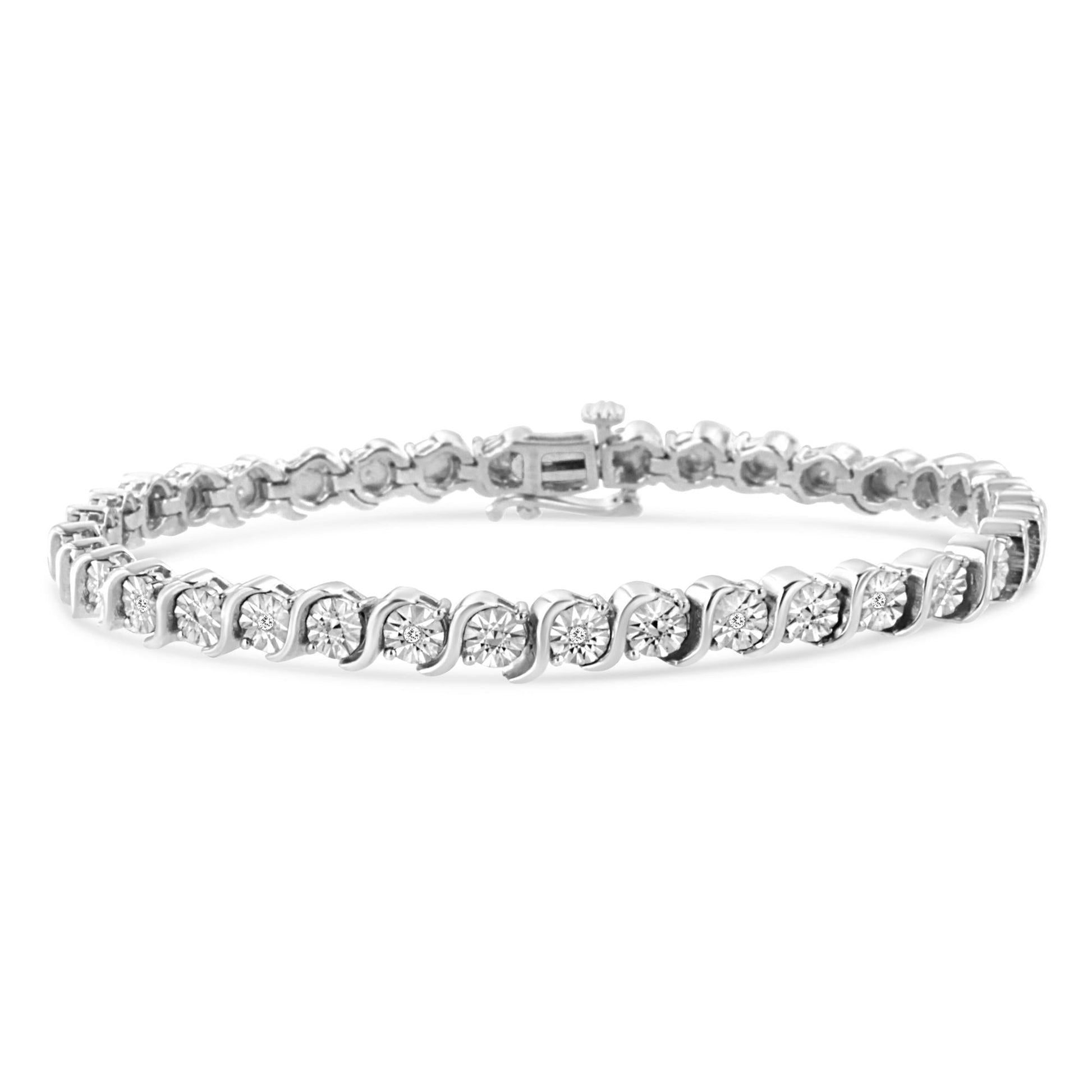 .925 Sterling Silver 1/10 Cttw Diamond Round Miracle Plate and "S" Link Tennis Bracelet (I-J Color, I2- I3 Clarity) - 7"-1