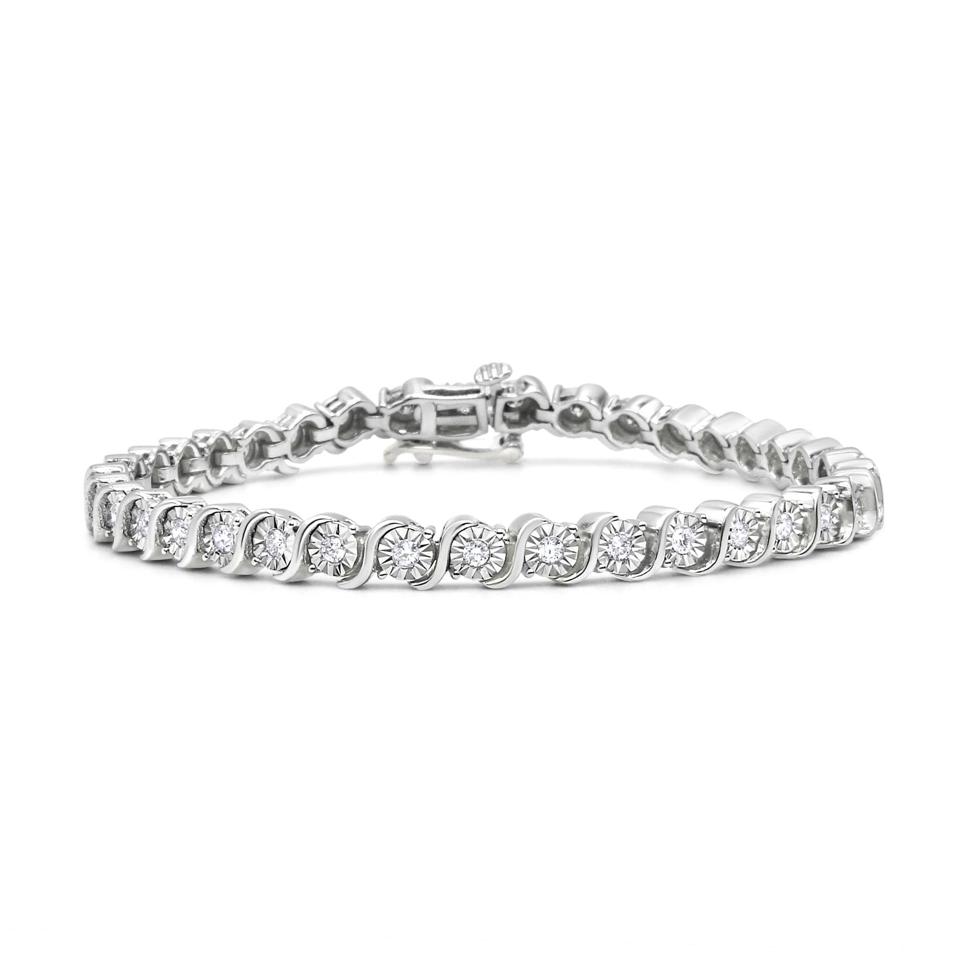 .925 Sterling Silver 1/4 Cttw Diamond Round Miracle Plate and "S" Link Tennis Bracelet (I-J Color, I2- I3 Clarity) - 7"-1