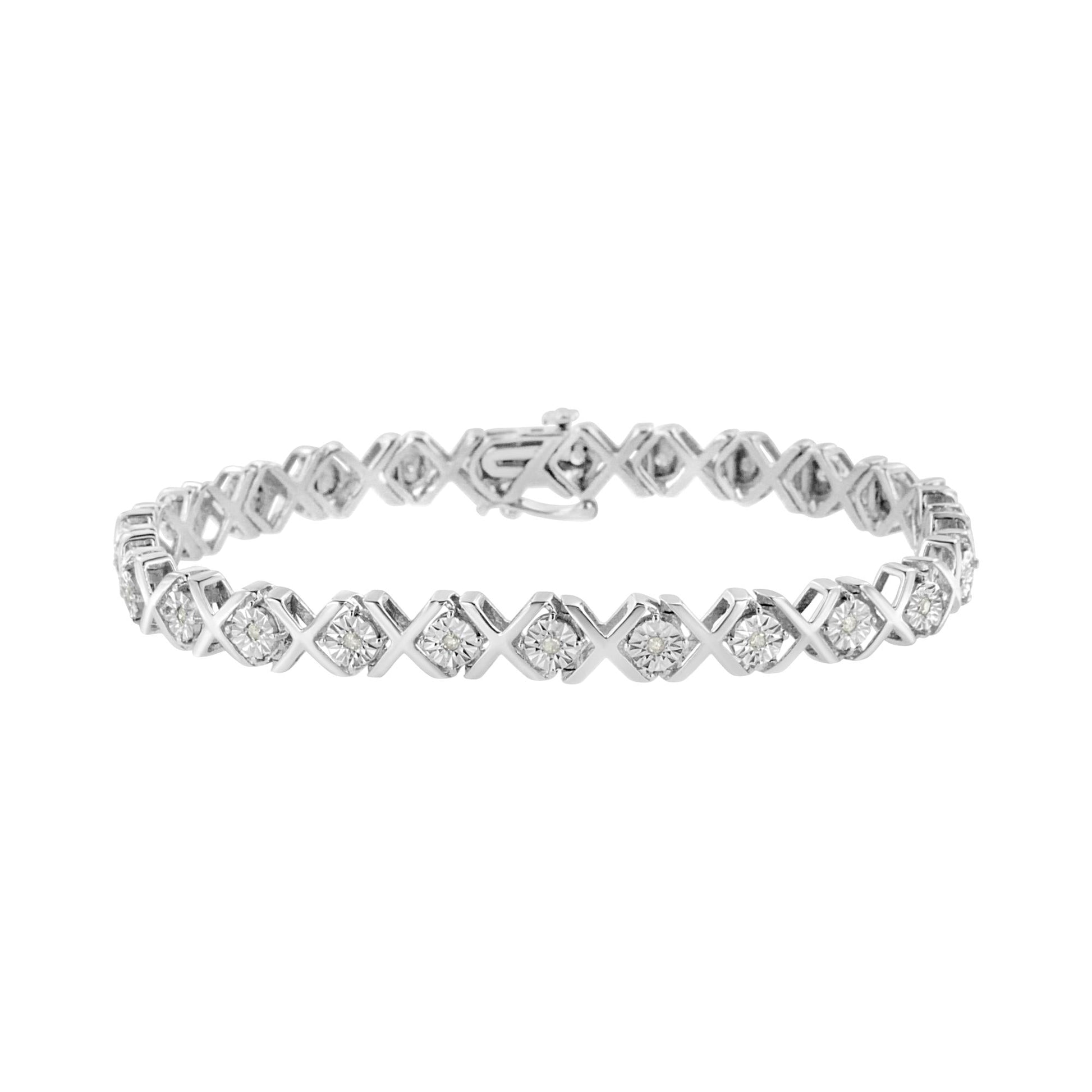 .925 Sterling Silver 1/4 Cttw Miracle-Set Round Cut Diamond "X" Link Bracelet (I-J Color, I3 Clarity) - Size 7.25"-0