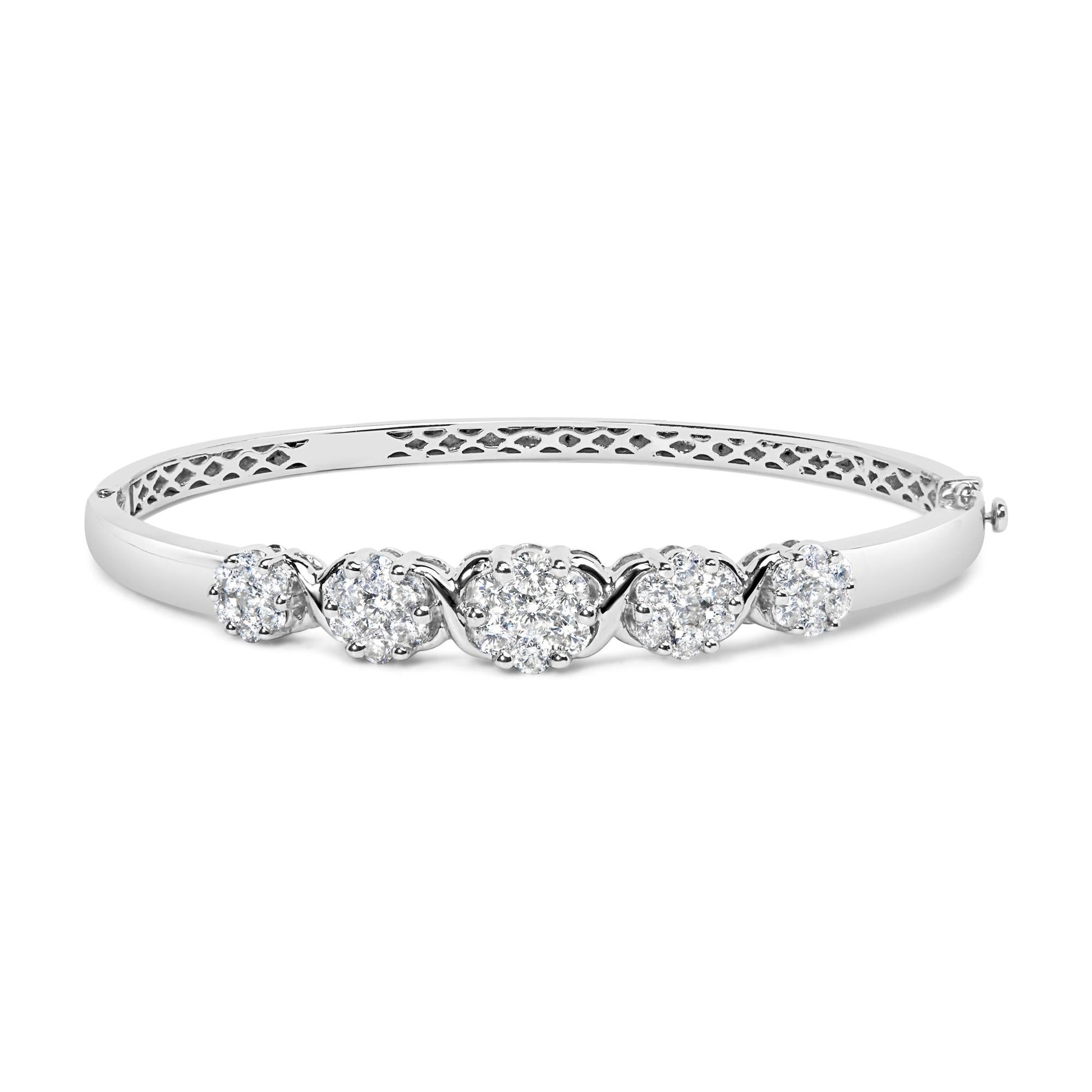 14K White Gold 2 1/2 Cttw Diamond Graduating Floral Cluster Bangle Bracelet (H-I Color, SI1-SI2 Clarity) - Fits Wrists up to 7.25"-0