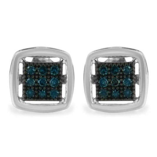 Sterling Silver Rose Cut Treated Blue Diamond Square Stud Earring (0.25 cttw, Blue Color, I2-I3 Clarity)