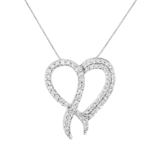 .925 Sterling Silver 1 cttw Diamond Heart and Ribbon 18" Pendant Necklace (I-J Clarity, I2-I3 Color) - 18"