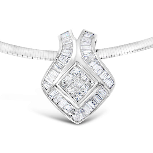 14K White Gold Princess-Cut Diamond and Baguette Diamond Pendant Necklace (2.84cttw, G-H color, SI2-I1 clarity)