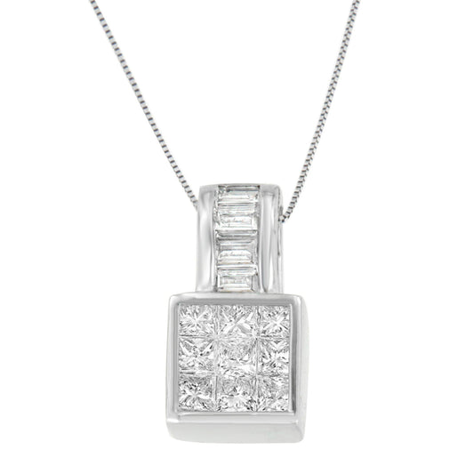 14K White Gold Princess and Baguette Cut Diamond Square Halo Pendant Necklace (1 1/2 cttw, H-I Color, SI1-SI2 Clarity)