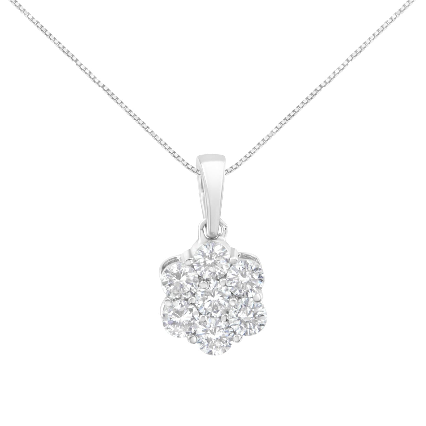 .925 Sterling Silver 1 cttw Diamond 7 Stone Flower Cluster 18" Pendant Necklace (I-J Clarity, I1-I2 Color) - 18"