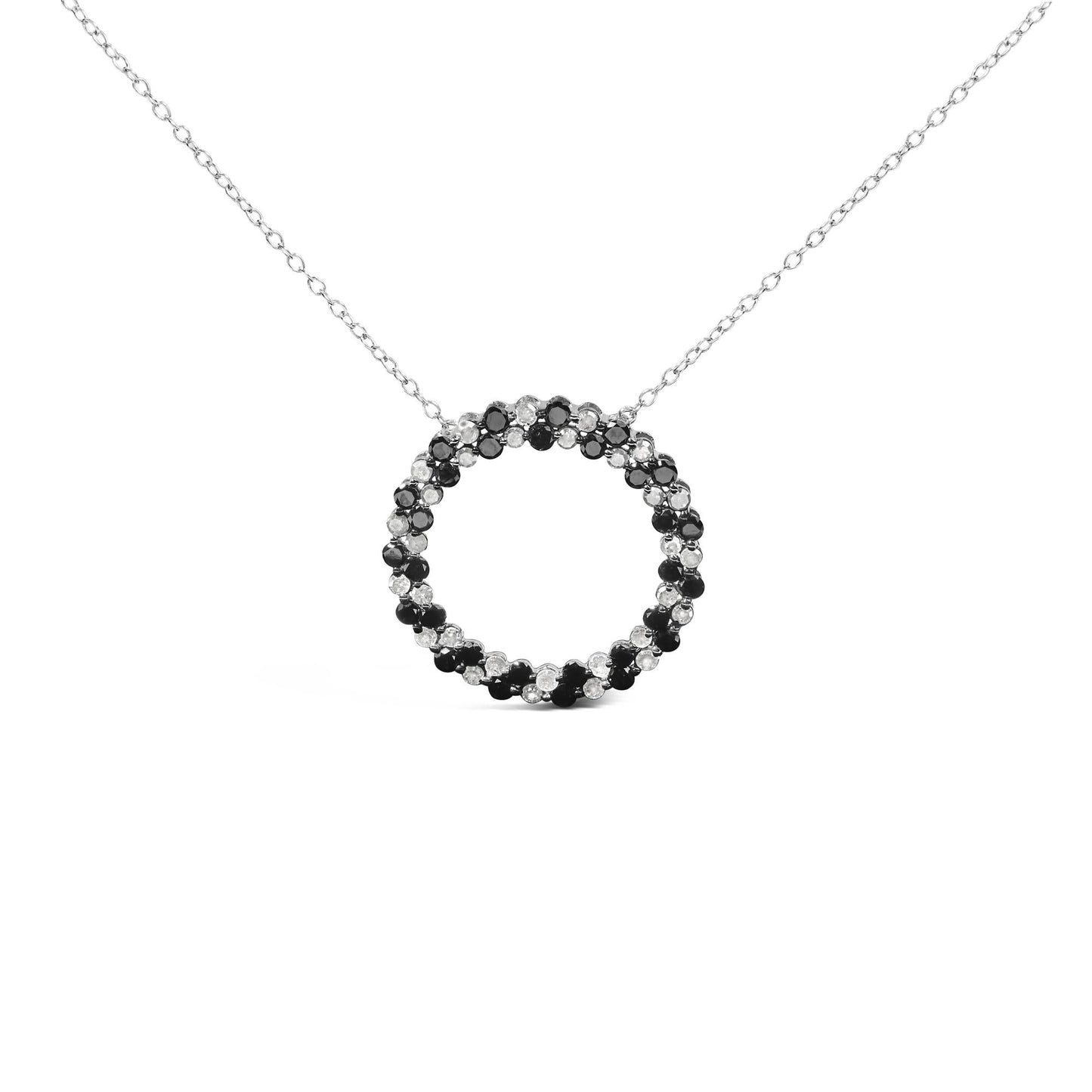 .925 Sterling Silver 1 3/5 Cttw Alternating Treated Black and White Diamond Double Row Open Circle Pendant Necklace (H-I Color, I3 Clarity) - 18"