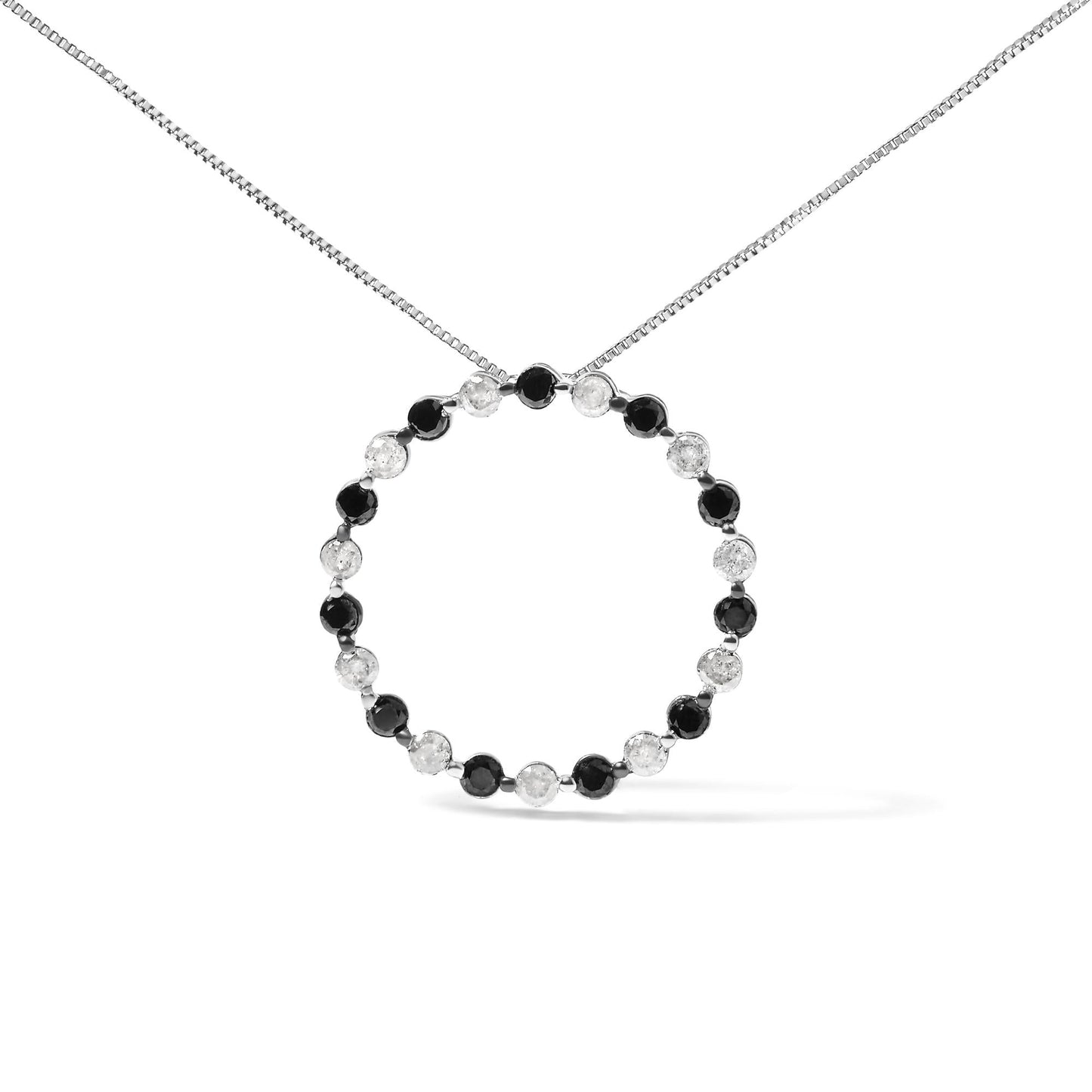 .925 Sterling Silver 1 3/4 Cttw Alternating Black and White Diamond Open Circle Hoop Pendant Necklace (H-I Color, I2-I3 Clarity) - 18" Inches