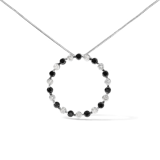 .925 Sterling Silver 1 3/4 Cttw Alternating Black and White Diamond Open Circle Hoop Pendant Necklace (H-I Color, I2-I3 Clarity) - 18" Inches