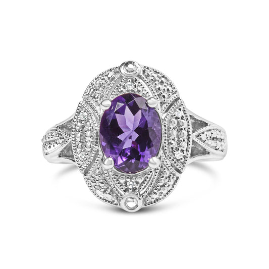 .925 Sterling Silver 9x7mm Oval Purple Amethyst and Round Diamond Accent Fashion Cocktail Ring (I-J Color, I1-I2 Clarity)-0