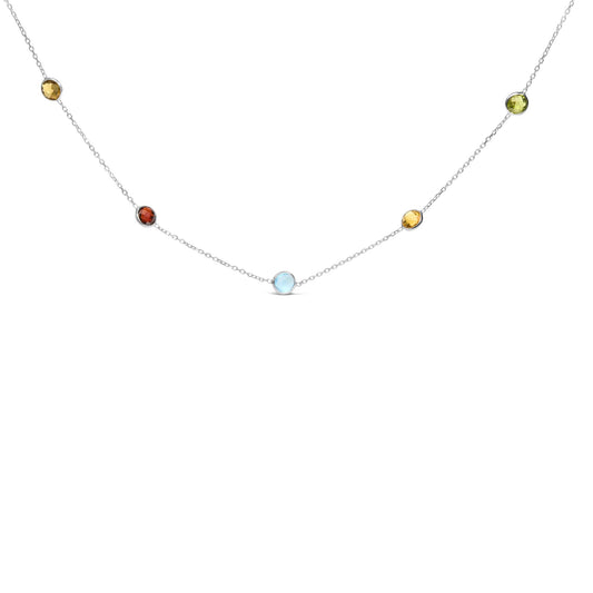 14K White Gold Bezel Set Mixed Gemstone 7 Station Adjustable 18"-24" Necklace