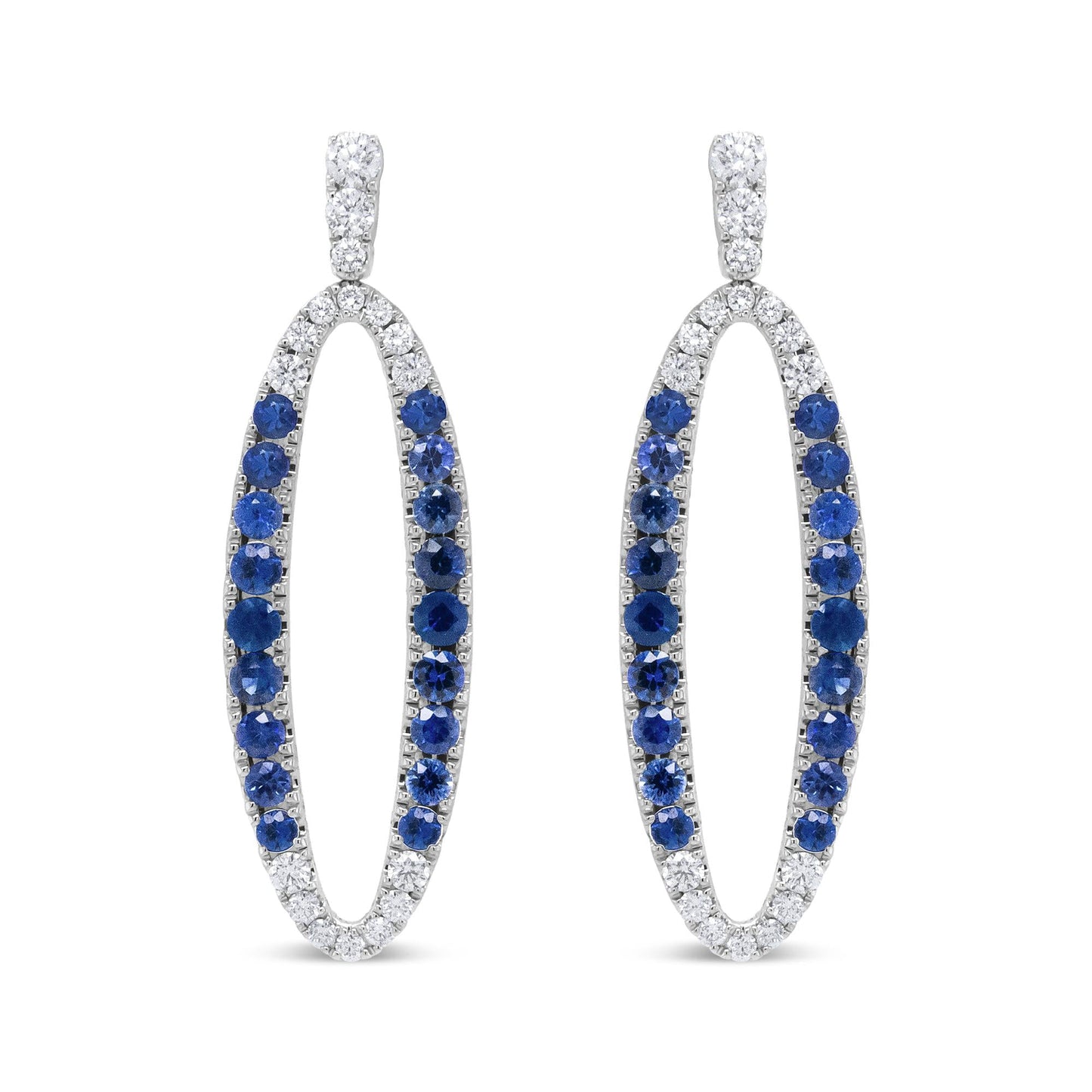 18K White Gold 1.11 Cttw Blue Round Diamond and Blue Sapphire Openwork Oval Shaped Dangle Earrings (F-G Color, VS1-VS2 Clarity)