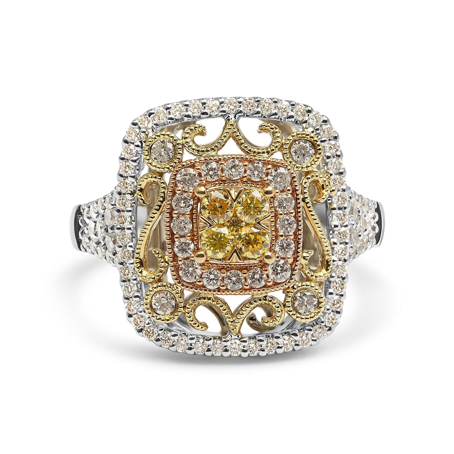 14K Tri-Toned Gold 1.00 Cttw Yellow Diamond Halo and Milgrain Cocktail Cluster Ring (Yellow/G-H Color, SI1-SI2 Clarity) - Ring Size 7-0