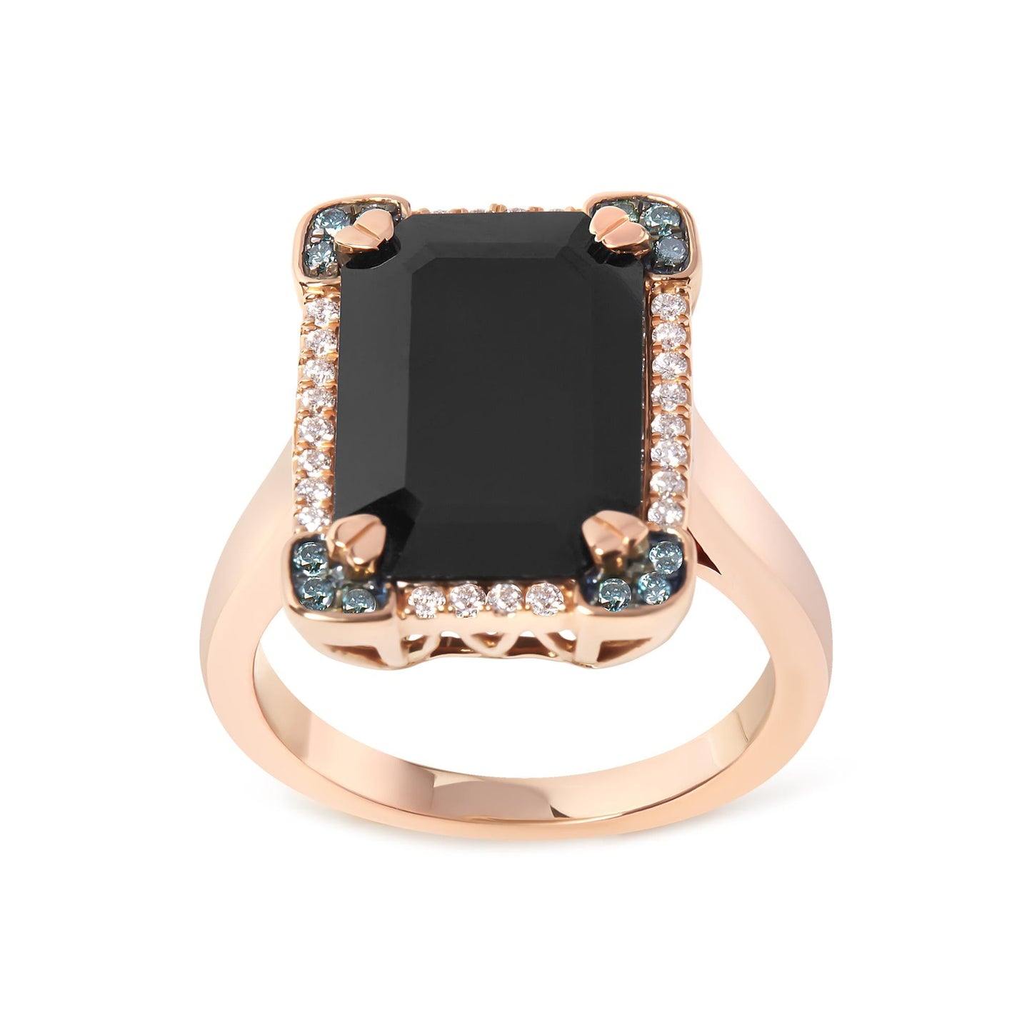 14K Rose Gold 15x10 MM Emerald-Cut Black Onyx and 1/5 Cttw Blue and White Diamond Halo Cocktail Ring (G-H Color, SI1-SI2 Clarity)- Size 7-0