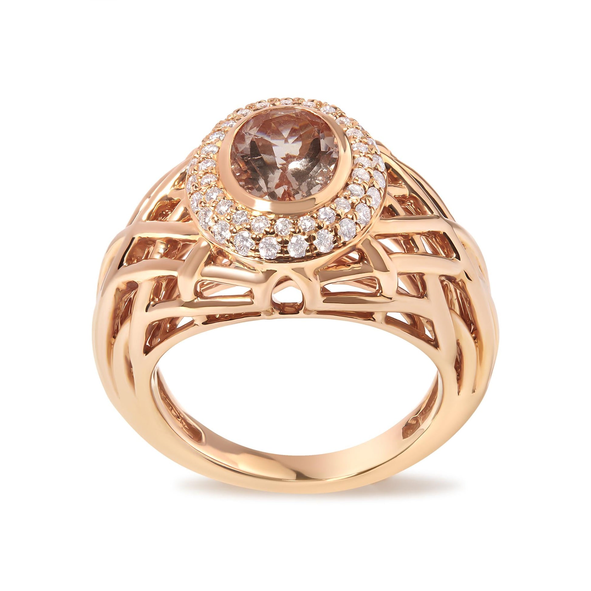 14K Rose Gold Oval Cut Light Pink Morganite and 3/8 Cttw Diamonds Halo and Basket Weave Cocktail Ring (G-H Color, SI1-SI2 Clarity) - Size 7-0