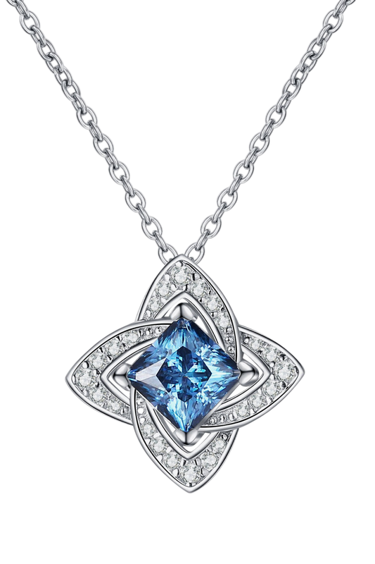 1 Carat Sky Blue Moissanite Floral Pendant Necklace Surrounded with Moissanite Diamonds