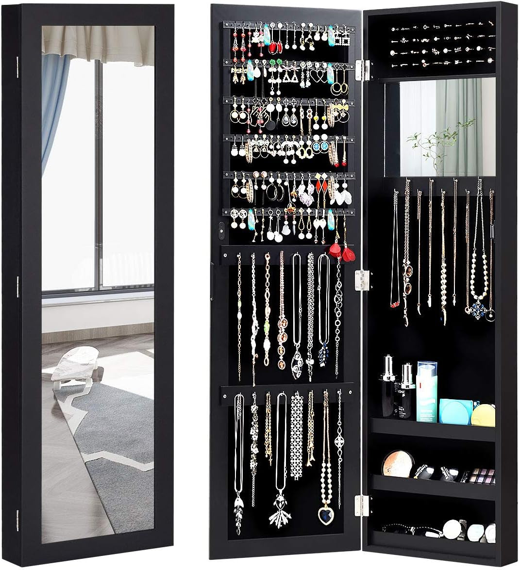 Jewelry Armoire Cabinet Wall Door Mounted with Full Length Mirror, Jewelry Organizer with Makeup Mirror, Ring Earring Slots, Necklace Hooks, Large Capacity Storage Jewelry Armoire (Black)