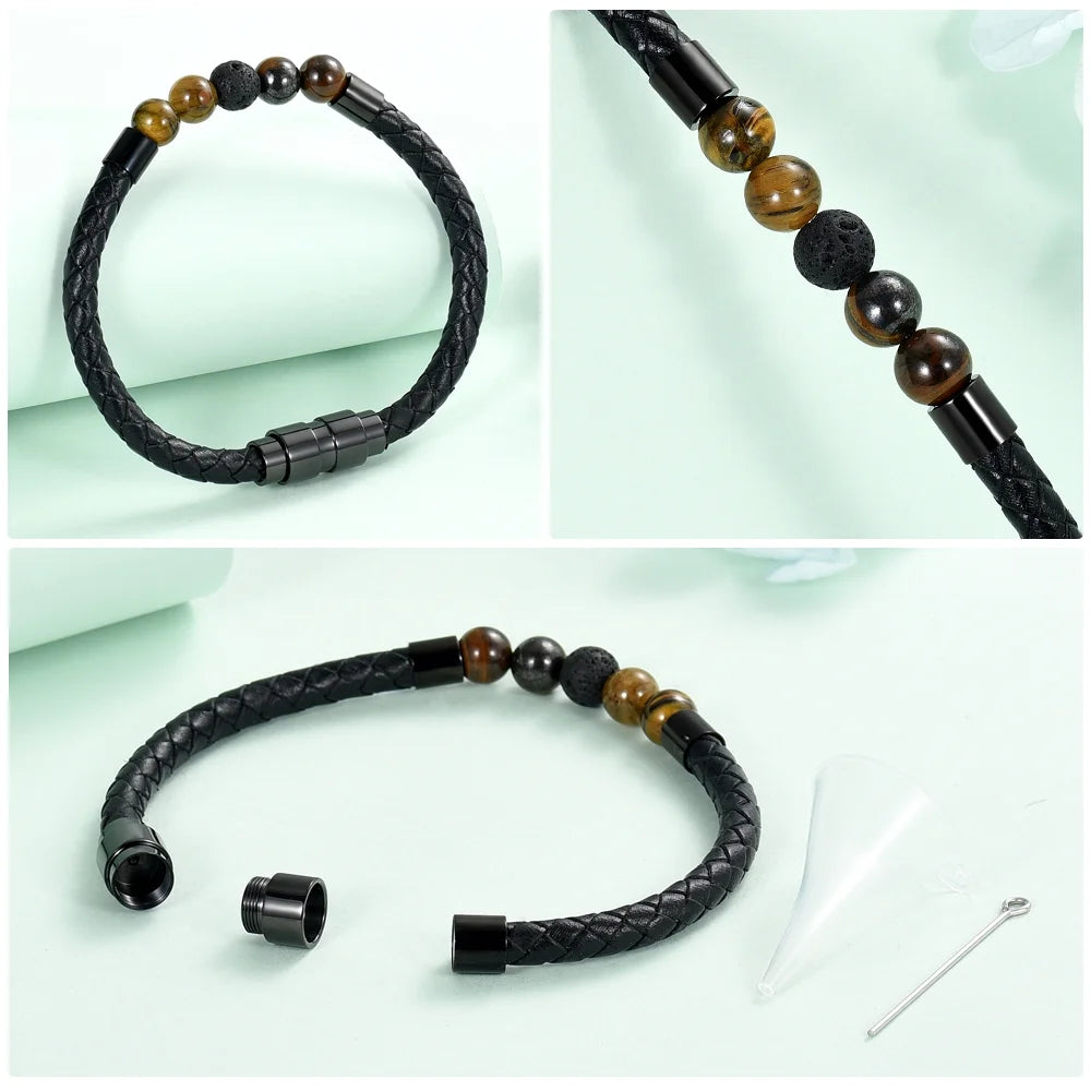 Cremation Jewelry Lava Stone Funeral Urn Bracelet for Ashes for Women Men Chakra Healing Balancing Leather Memorial Bracelets