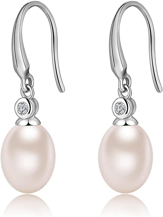 Pearl Earrings Dangle Silver Pearls Earrings for Women Pearl Diamond Earrings Sterling Silver Drop Pearl Earrings Hanging Pearl Earrings Hook Pearl Earrings Silver Small Dangling Pearl Earrings 8Mm