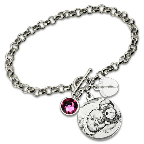 Custom Made Personalized Sterling Silver Photo-Engraved Bracelet for New Mom