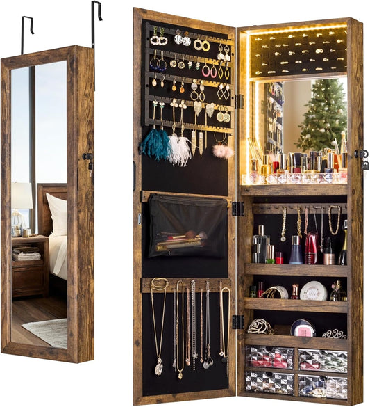 LED Hanging Jewelry Cabinet, 47.2" Wall/Door Mount Jewelry Storage Armoire with Full-Length Mirror, Large Capacity Mirror Jewelry Storage Organizer Lockable, Rustic Brown