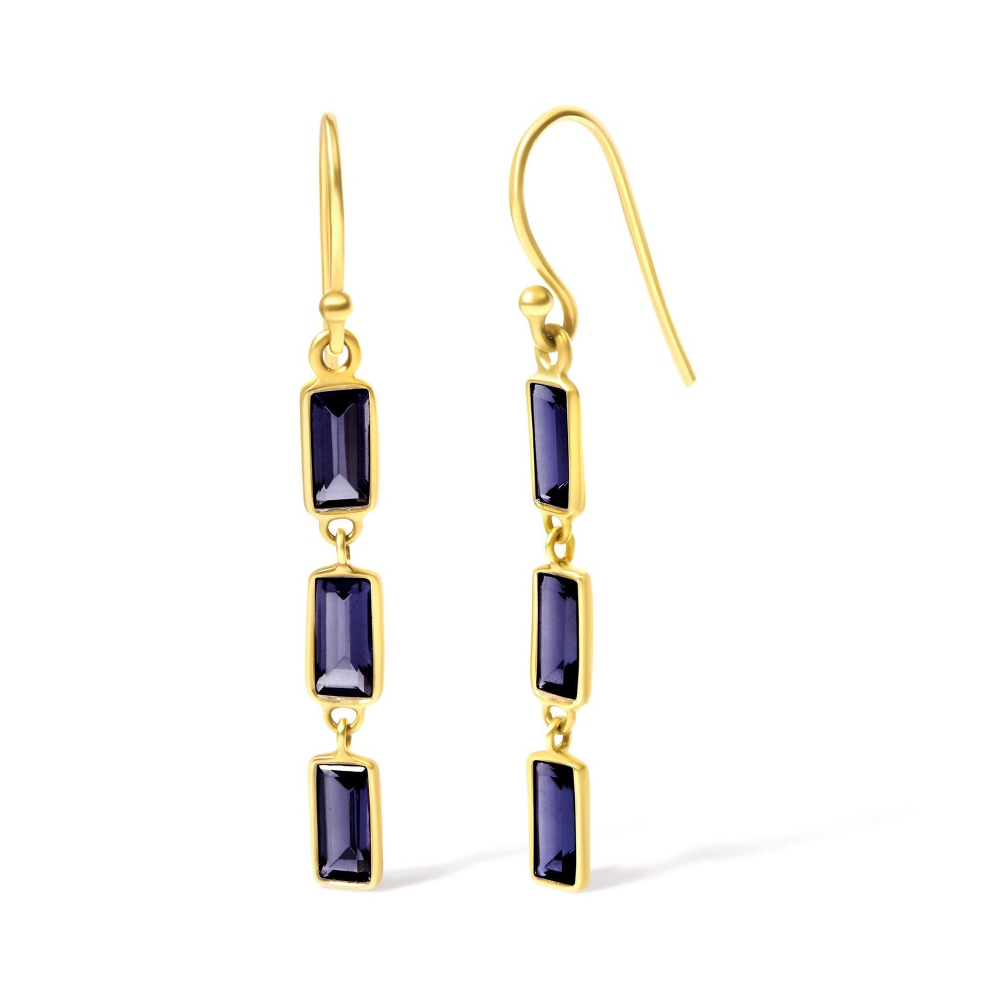 18K Yellow Gold 8x3 MM Bezel Set Purple Baguette Iolite Stiletto 1 1/2 Inch" Dangle Earrings