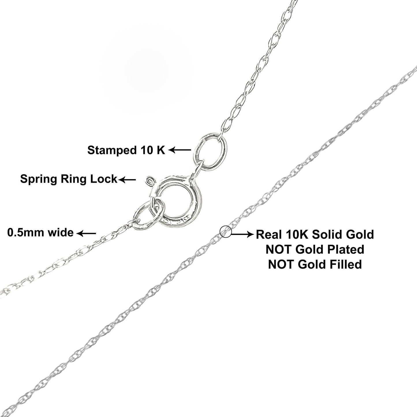 10K Gold 0.5 mm Slender & Dainty Fine Rope Chain Necklace