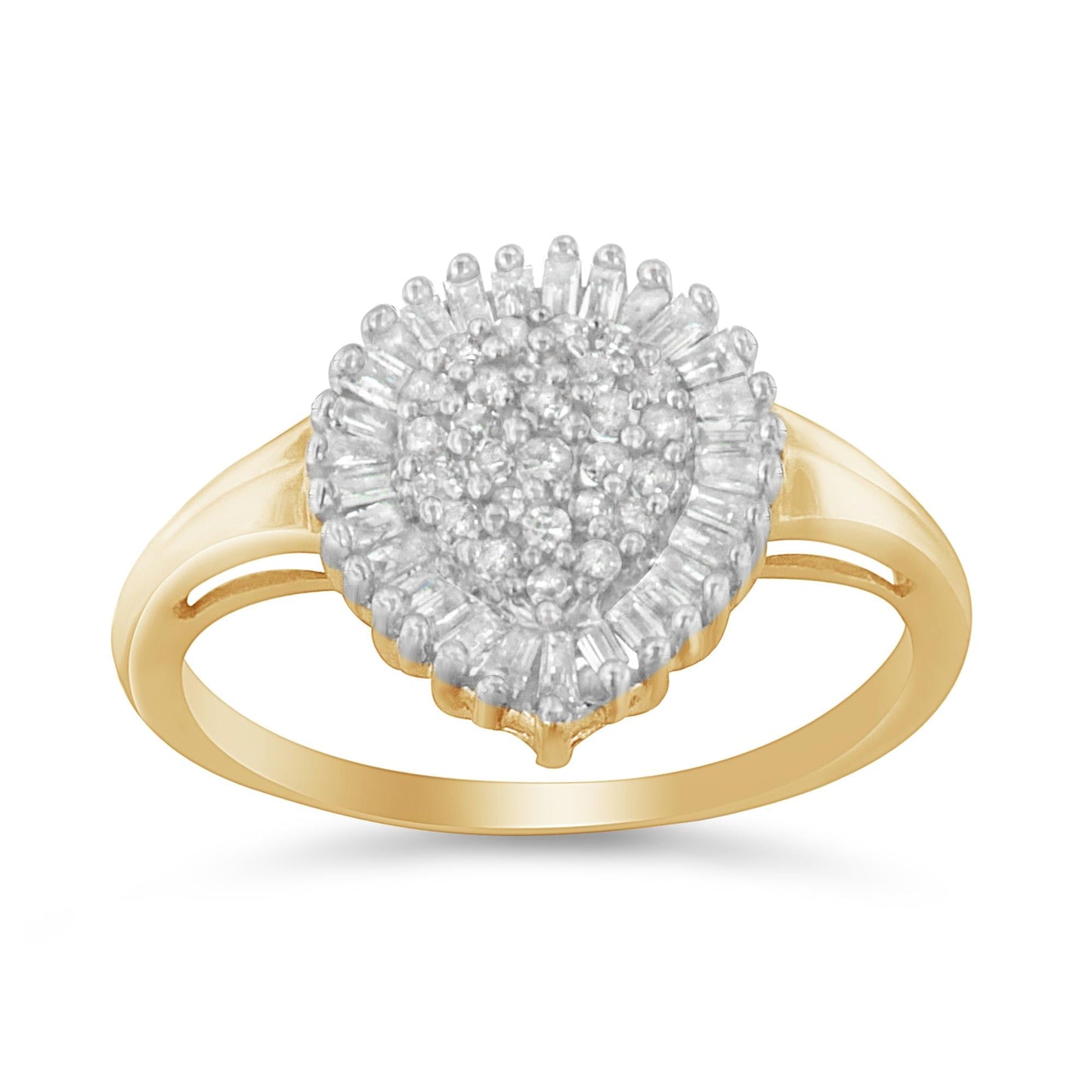 10K Yellow Gold 1/2 Cttw Round & Baguette Cut Diamond Pear Shaped Domed Pavé Cluster with Halo Cocktail Ring (J-K Color, I1-I2 Clarity)-1