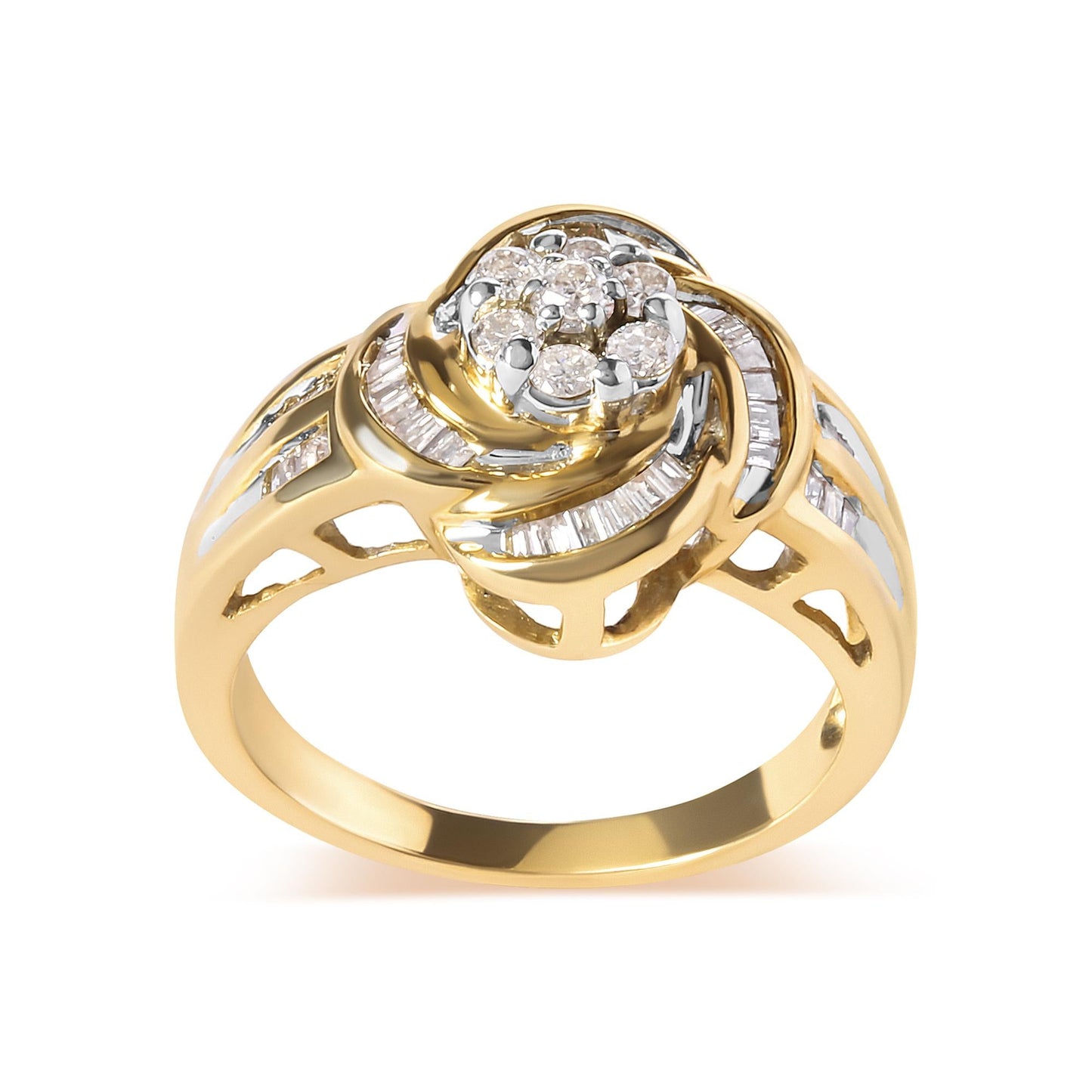 10K Yellow Gold 1/2 Cttw Round and Baguette Diamond Flower Swirl Cocktail Ring (I-J Color, SI2-I1 Clarity)-1