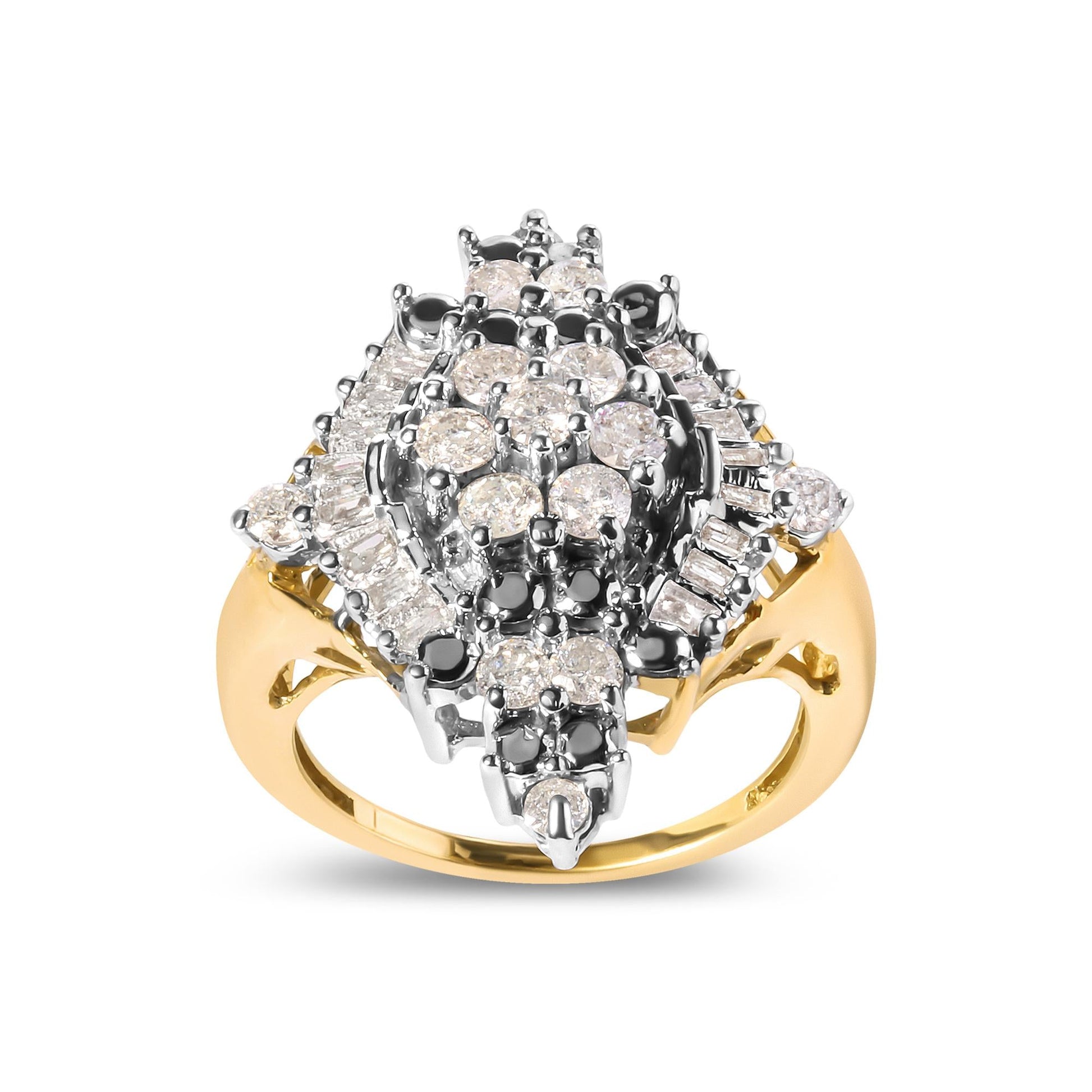 10K Yellow Gold 1 Cttw Round and Baguette cut Diamond Cluster and Rhombus Halo Ring (H-I Color, I1-I2 Clarity)-1