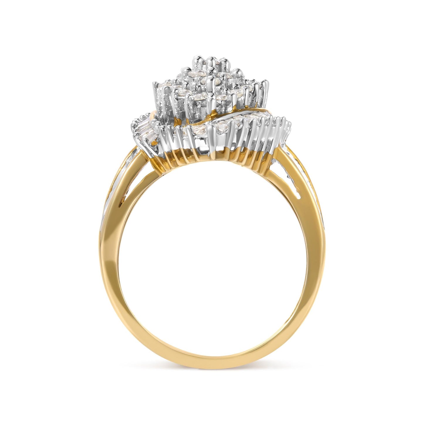 10K Yellow Gold 1.0 Cttw Round and Baguette-Cut Diamond Cluster Ring (I-J Color, SI2-I1 Clarity)-1