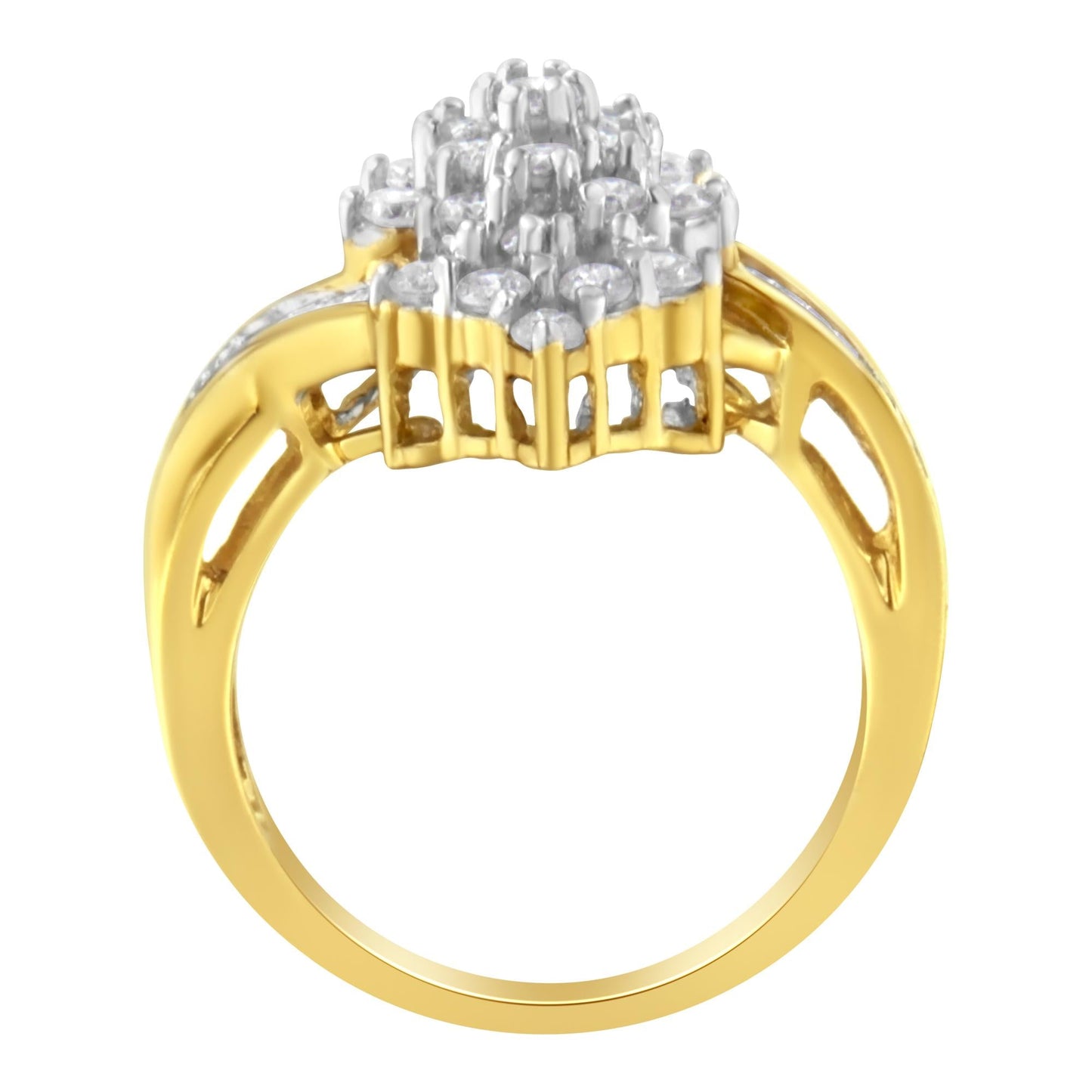 10K Yellow Gold Round And Baguette Cut Diamond Cluster Ring (1 1/10 Cttw, H-I Color, SI2-I1 Clarity)-1