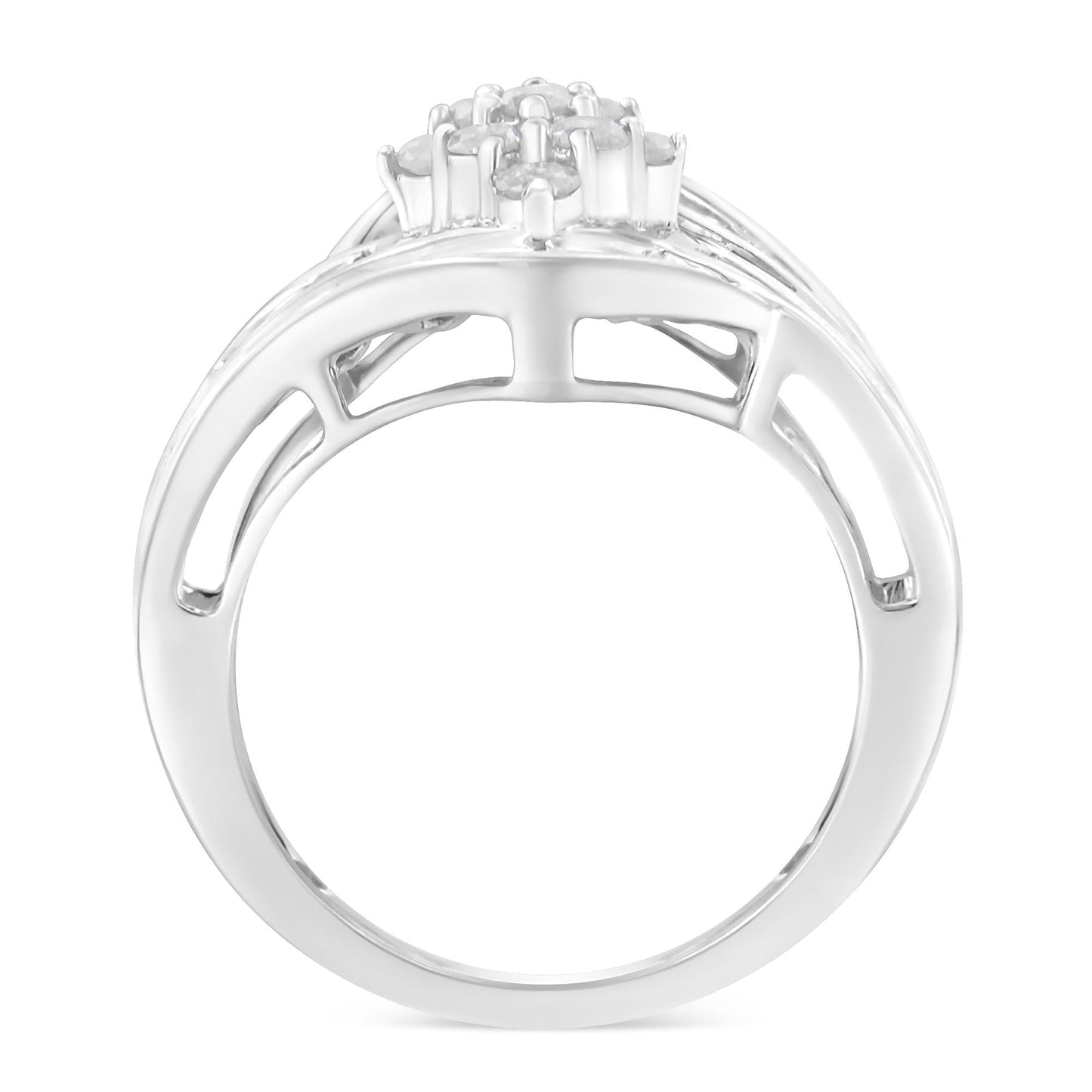 .925 Sterling Silver 1.0 Cttw Round & Baguette Cut Diamond Bypass Faux-Wrap Cluster Engagement or Cocktail Ring (I-J Color, I2-I3 Clarity)-1