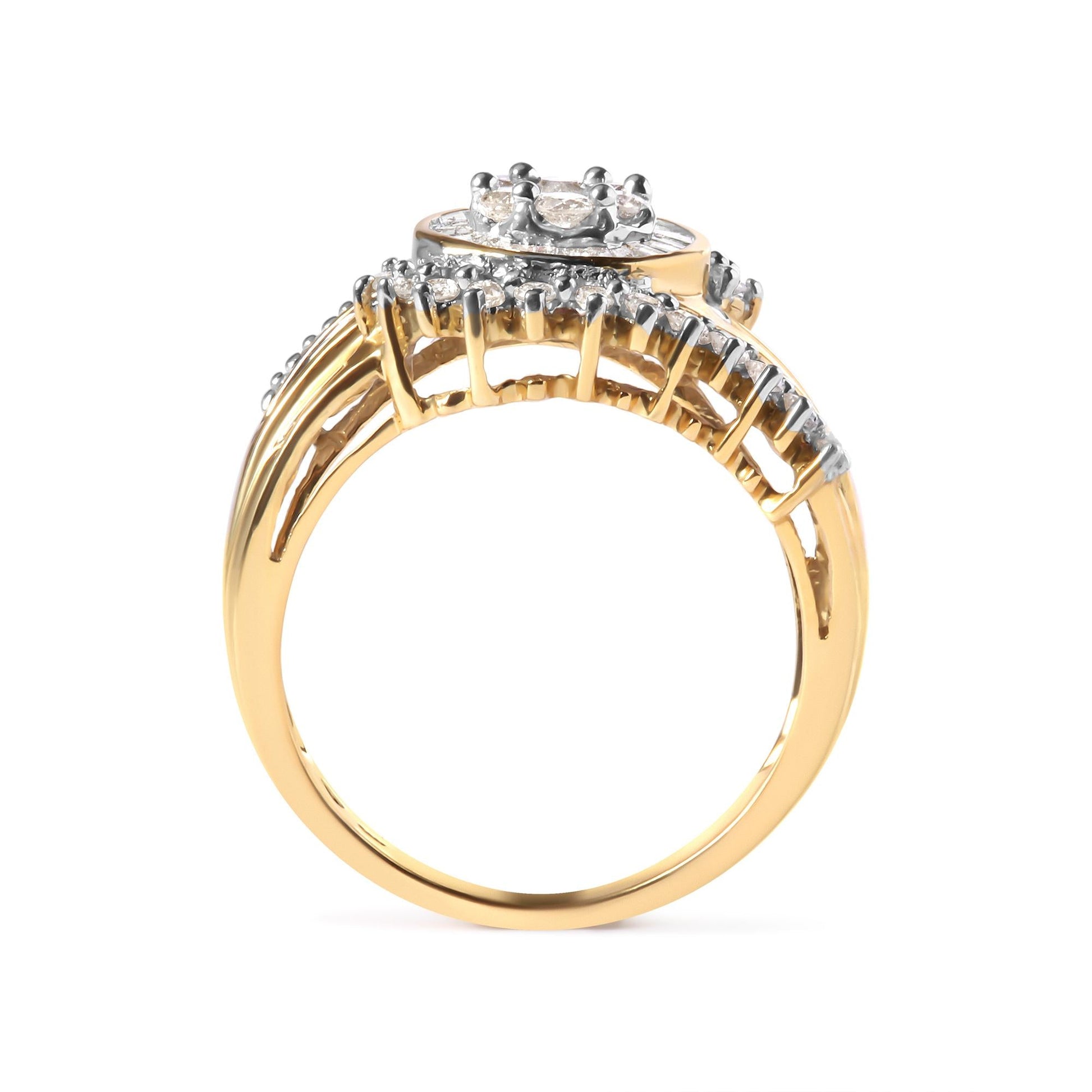 10K Yellow Gold 1 Cttw Round and Baguette cut Diamond Cluster Swirl Band Ring (H-I Color, I1-I2 Clarity)-1