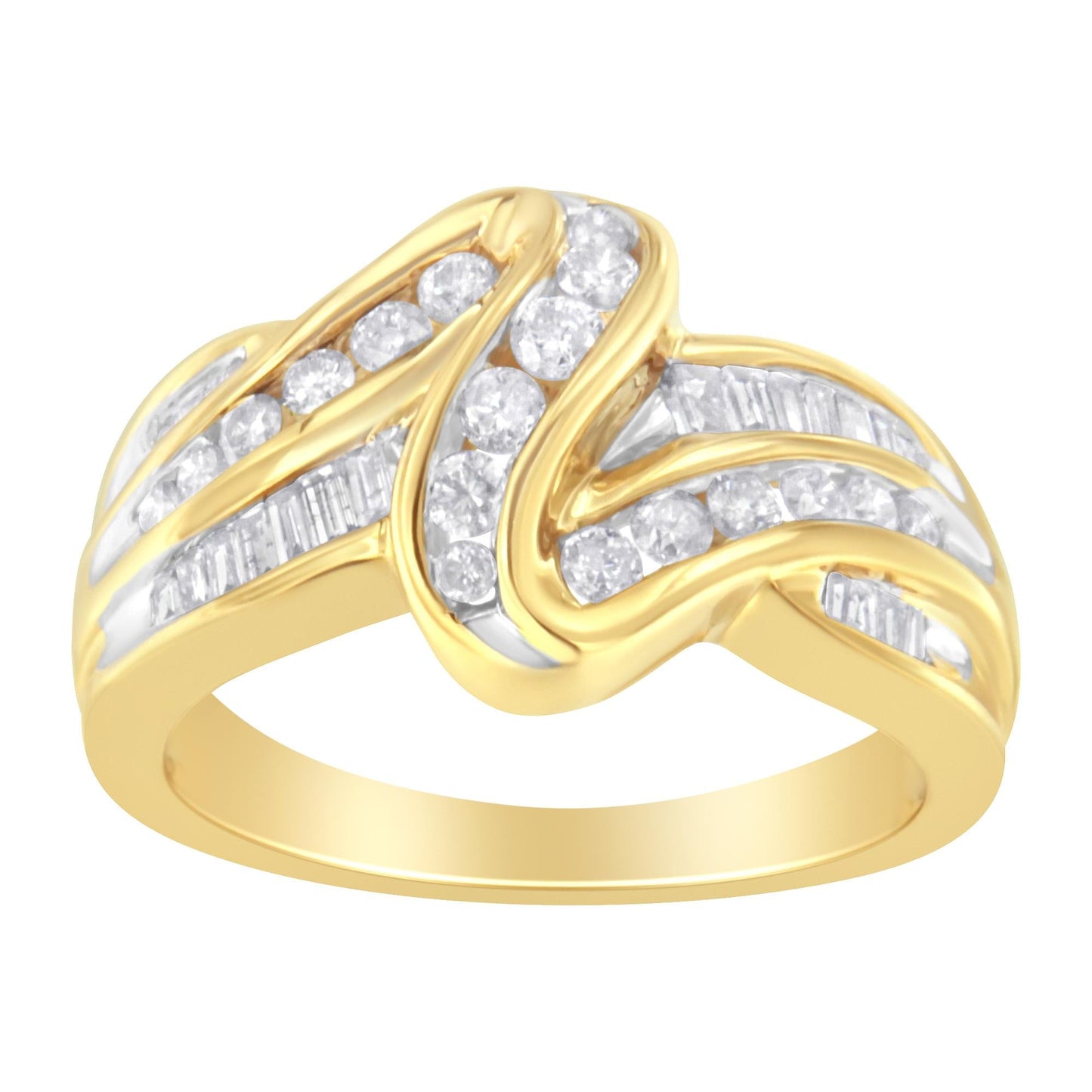 10K Yellow Gold 3/4 Cttw Channel Set Round and Baguette-cut Diamond Double Shank Bypass Ring (J-K Color, I1-I2 Clarity)-1