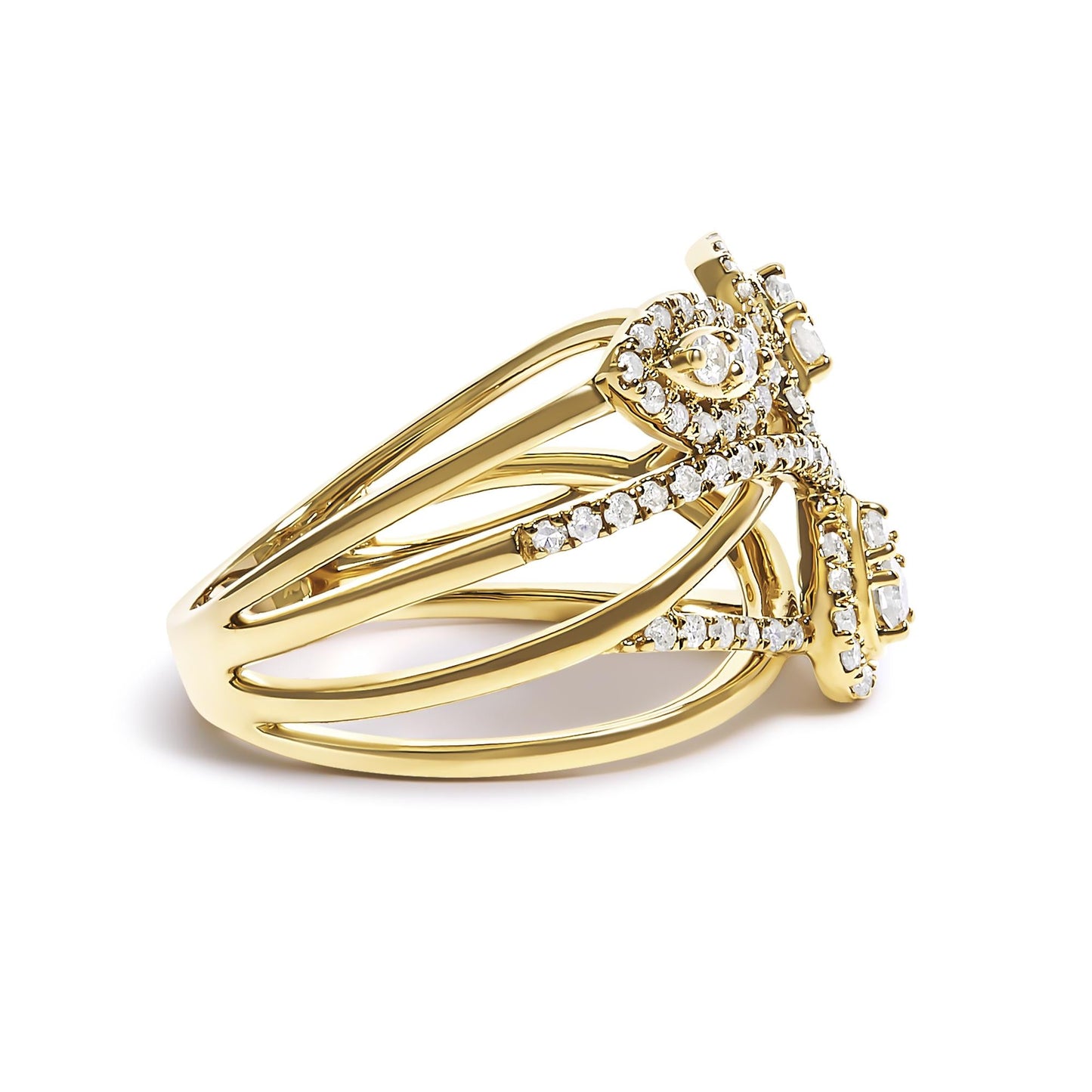 10K Yellow Gold 1/2 Cttw Diamond Crossover 3 Leaf Floral Cocktail Ring Band (H-I Color, SI1-SI2 Clarity)-1