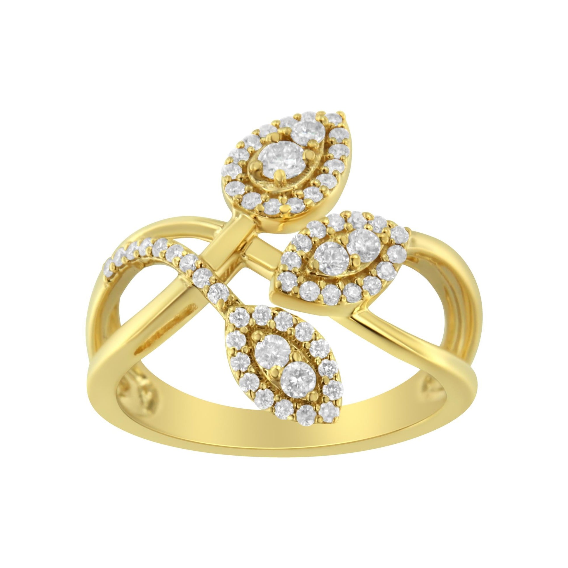 10K Yellow Gold 1/2 Cttw Round-Cut Diamond Layered Crossover Triple Leaf Bypass Ring (I-J Color, I1-I2 Clarity)-1