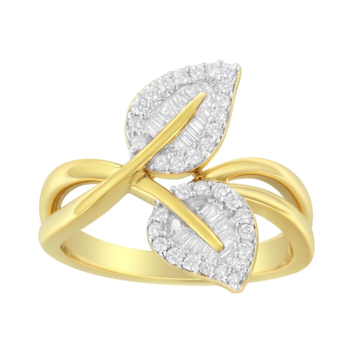 10K Yellow Gold 3/8 Cttw Round and Baguette-Cut Diamond Leaf Cocktail Ring (I-J Color, I1-I2 Clarity)-1