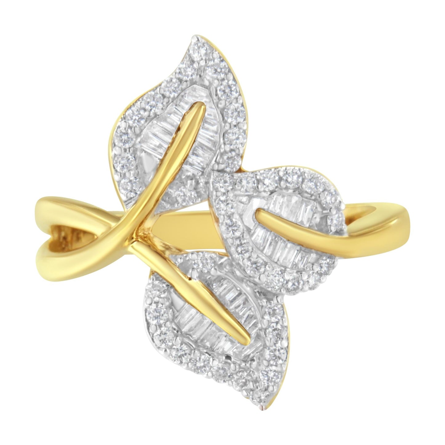 18K Yellow and White Gold Plated .925 Sterling Silver 3/8 Cttw Baguette and Round Diamond Bypass Triple Leaf Ring (I-J Color, I1-I2 Clarity)-1