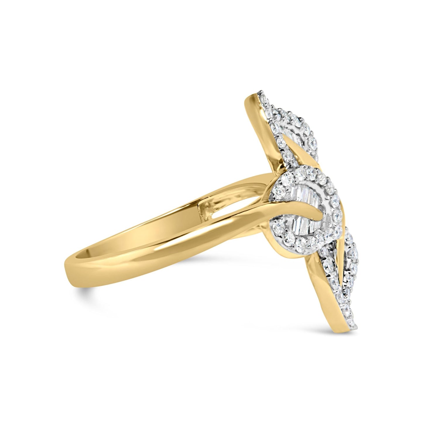 18K Yellow Gold Plated .925 Sterling Silver 1/2 Cttw Baguette and Round Diamond Bypass Triple Leaf Ring (I-J Color, I1-I2 Clarity)-1