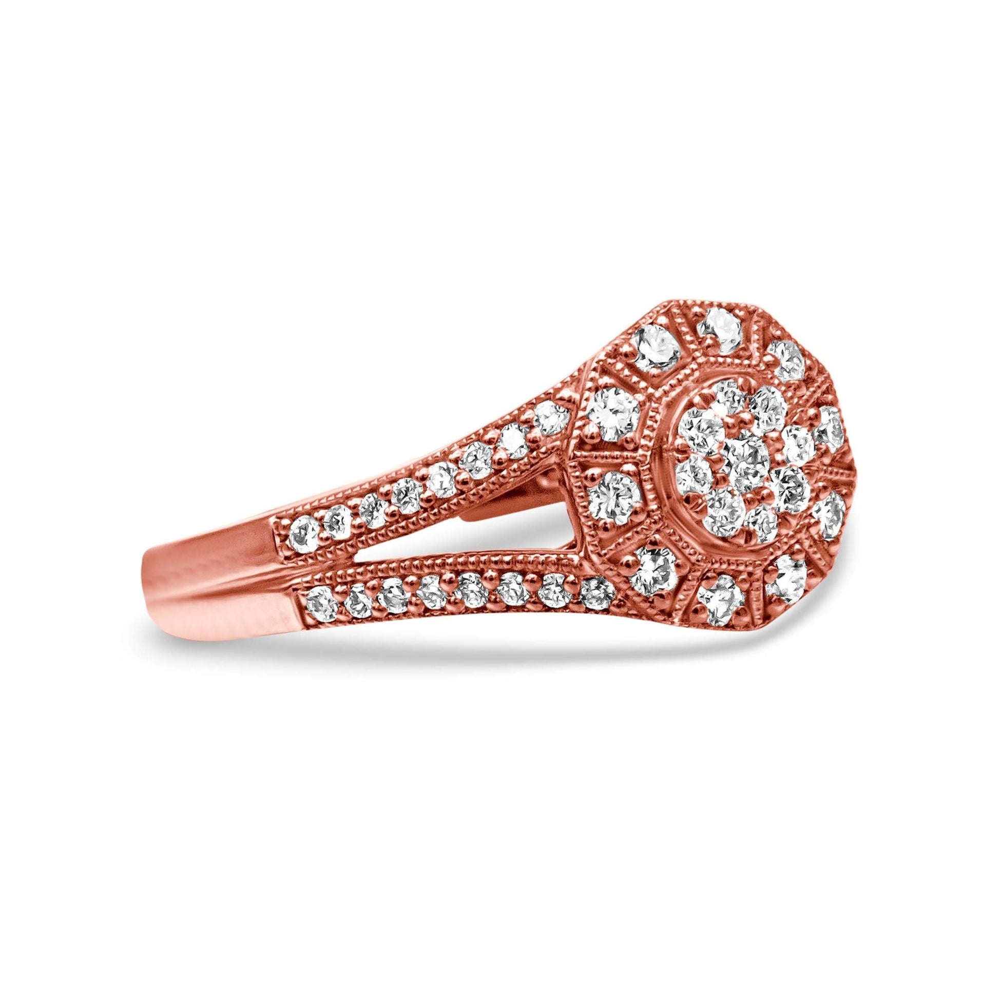 14K Rose Gold Plated .925 Sterling Silver 1/2 Cttw Pave Diamond Halo Cluster Split Shank Cocktail Ring (I-J Color, I1-I2 Clarity)-1