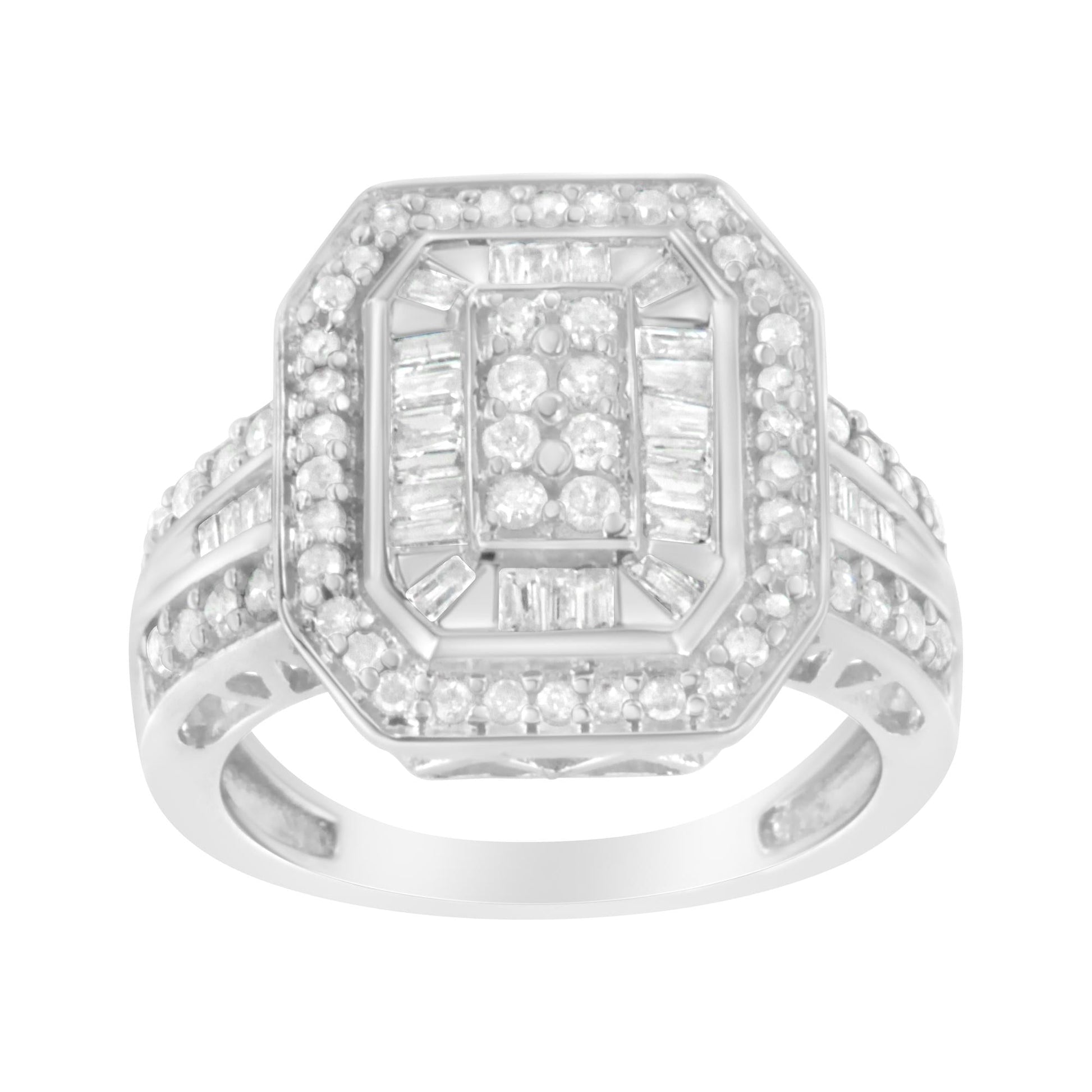 .925 Sterling Silver Round and Baguette Diamond Cathedral Ring (0.75 Cttw, H-I Color, I2-I3 Clarity)-1