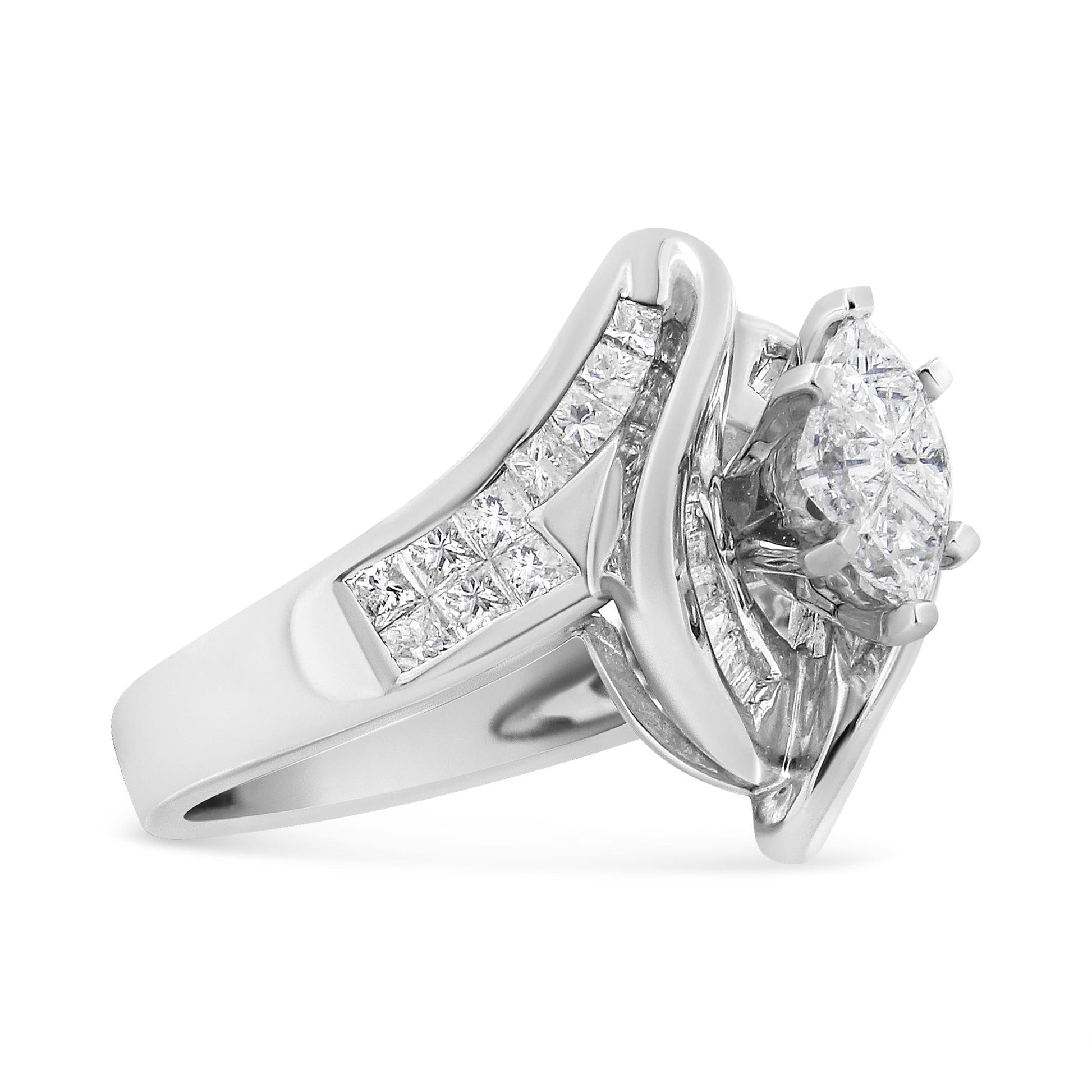 14K White Gold 1 1/4 Cttw Pie, Baguette and Princess cut Diamond Marquise Shape Engagement Cocktail Ring (H-I Color, SI2-I1 Clarity)-1