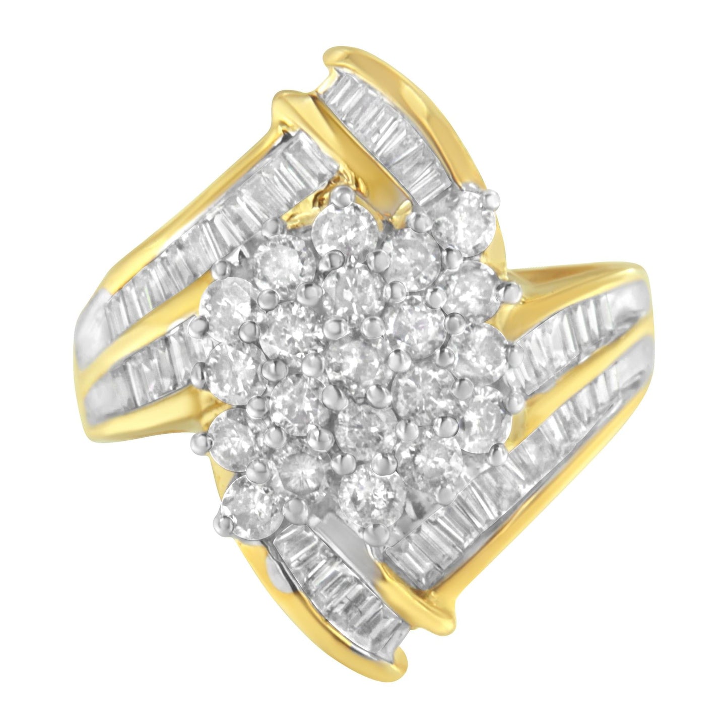 10K Yellow Gold Round and Baguette Diamond Swirl Ring (2.0 Cttw, J-K Color, I2 Clarity)-1