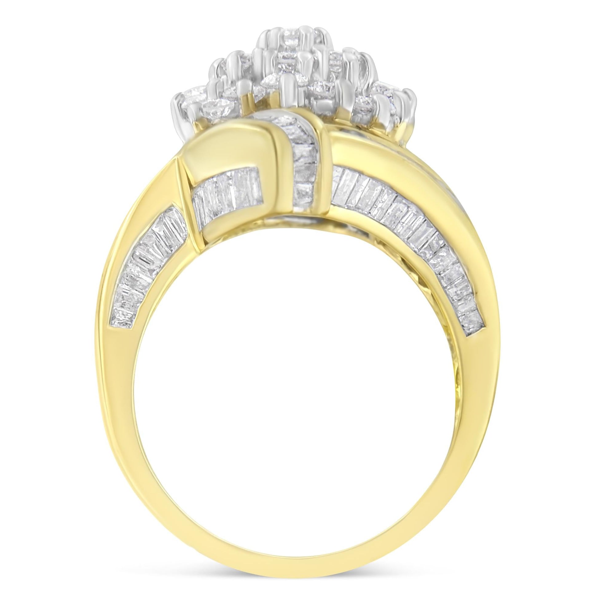 10K Yellow Gold Round and Baguette Diamond Crossover Cluster Ring (3 Cttw, I-J Color, I1-I2 Clarity)-1