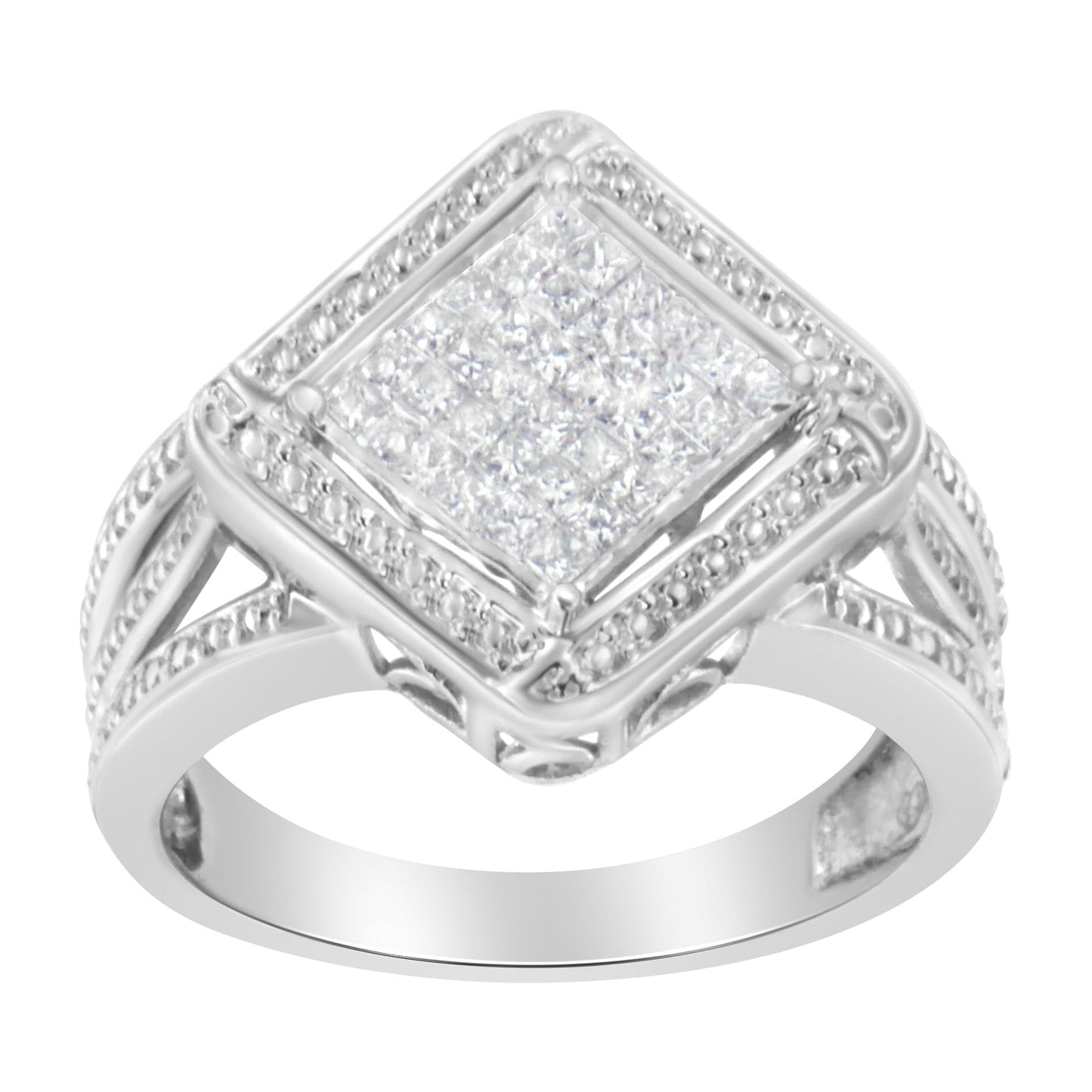 .925 Sterling Silver 2/5 Cttw Princess Cut Diamond Square On Point Cluster Composite Cocktail Ring (H-I Color, SI1-SI2 Clarity)-1