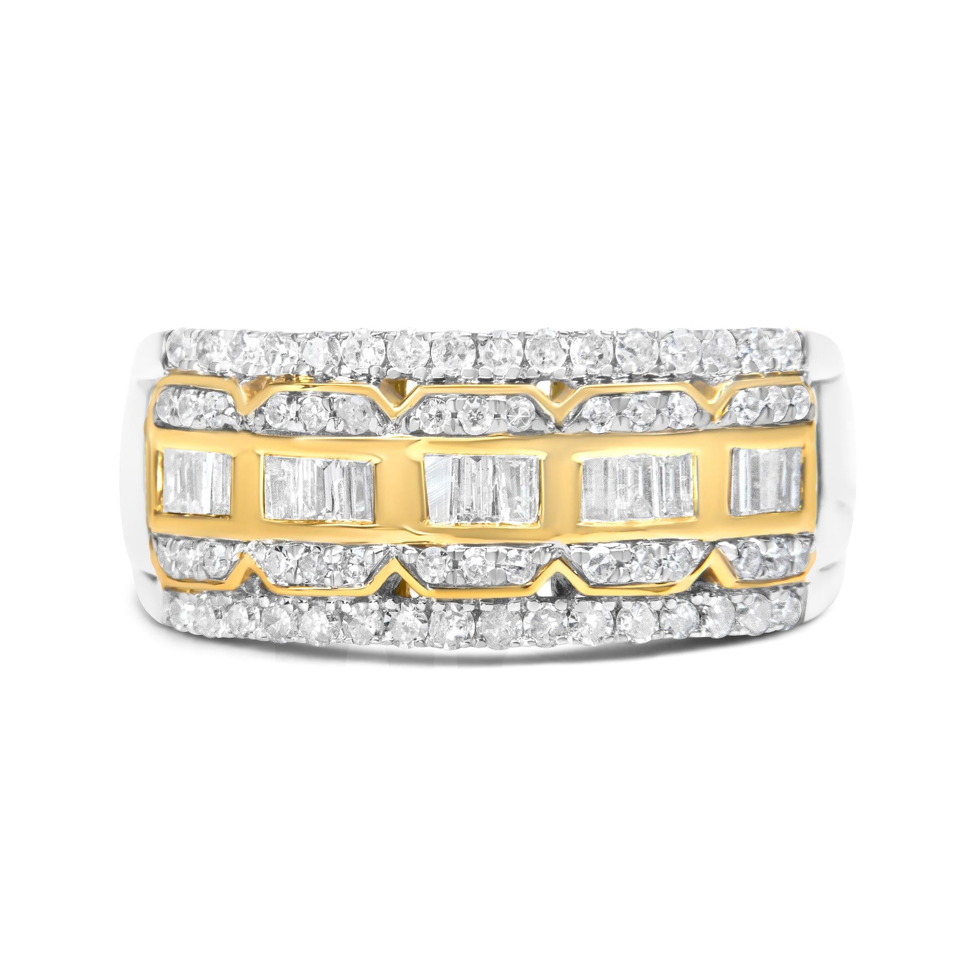 10K White and Yellow Gold 1.00 Cttw Baguette and Round cut Diamond Art Deco Multi-Row Ring Band (I-J Color, I1-I2 Clarity)-3