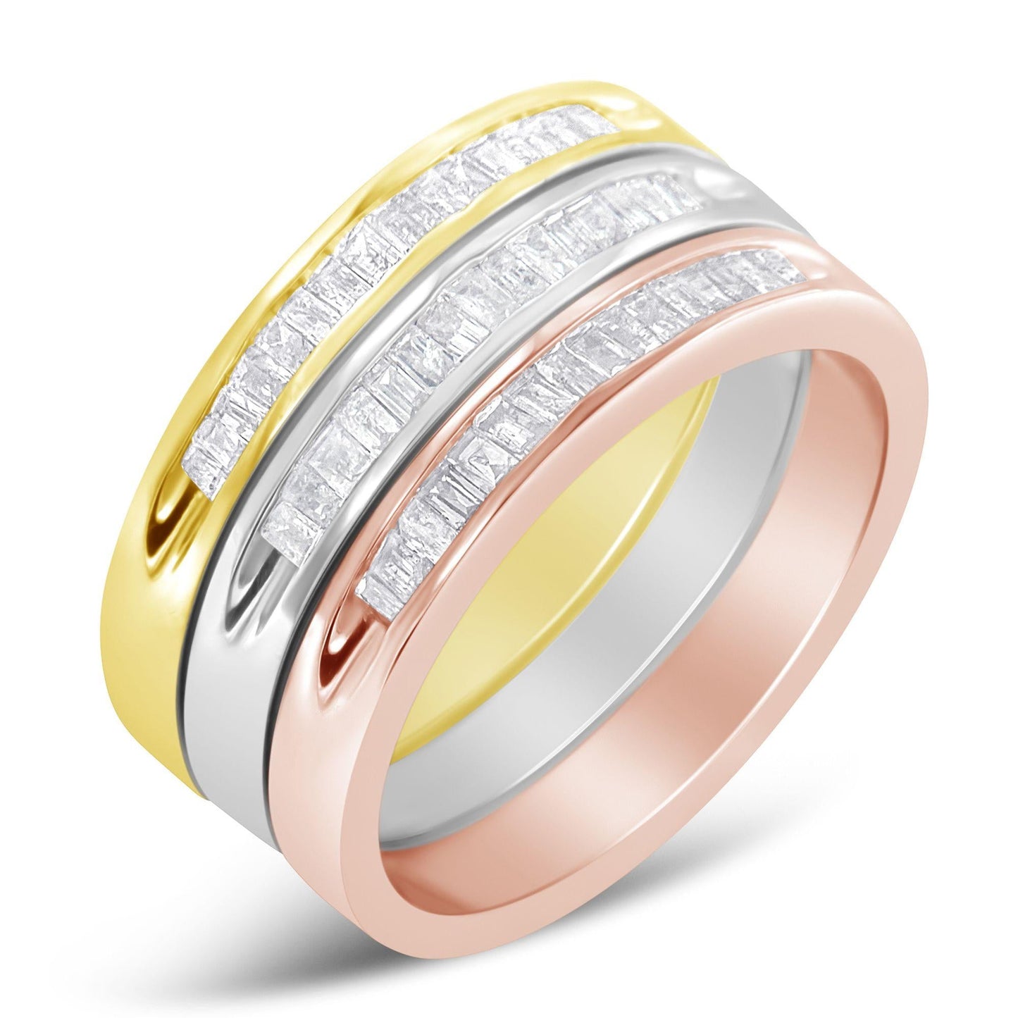 10K Yellow, White and Rose Gold over .925 Sterling Silver 5/8 Cttw Diamond Channel-Set Stackable Band Ring Set (H-I Color, I1-I2 Clarity)-1