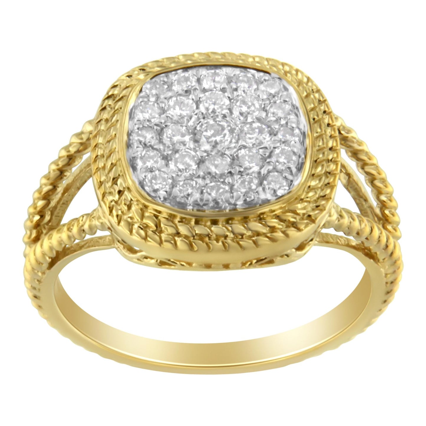 10K Yellow Gold Plated .925 Sterling Silver 1/2 Cttw Diamond Square Cushion Cluster Split Shank Cocktail Ring (J-K Color, I2-I3 Clarity)-1