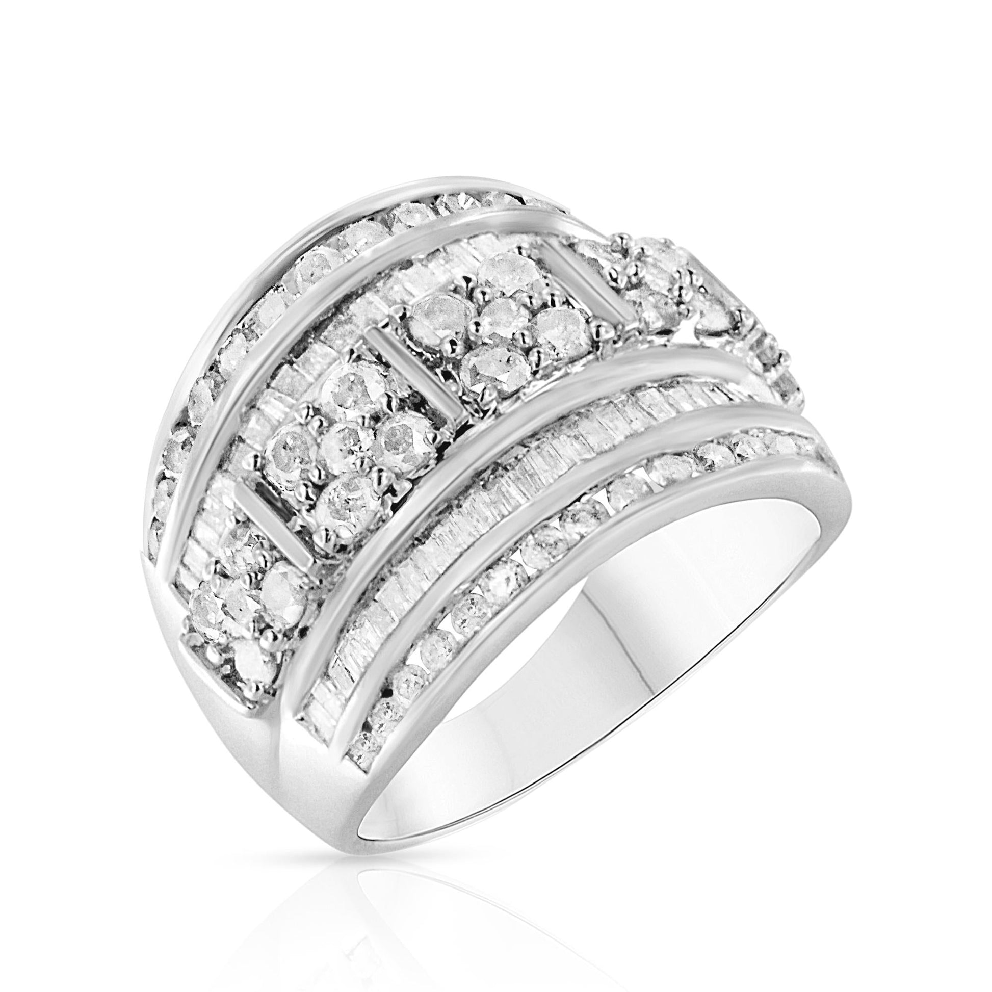 .925 Sterling Silver 2.0 Cttw Round & Baguette Cut Diamond Multi-Row Channel Set Tapered Cocktail Fashion Ring (I-J Color, I3 Clarity)-2